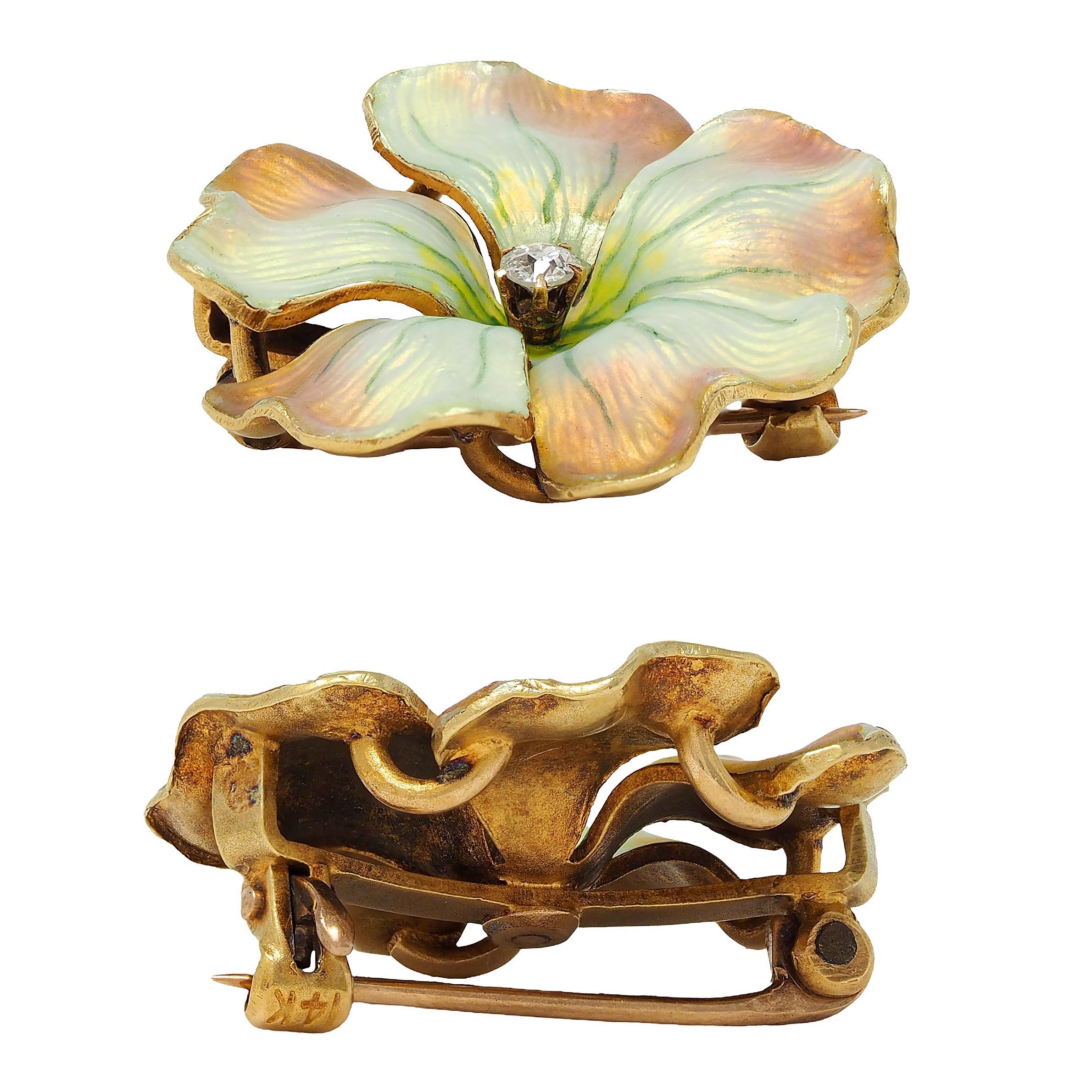 Women's or Men's Art Nouveau Diamond Enamel 14 Karat Gold Antique Flower Brooch For Sale