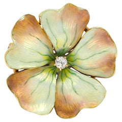 Art Nouveau Diamond Enamel 14 Karat Gold Antique Flower Brooch