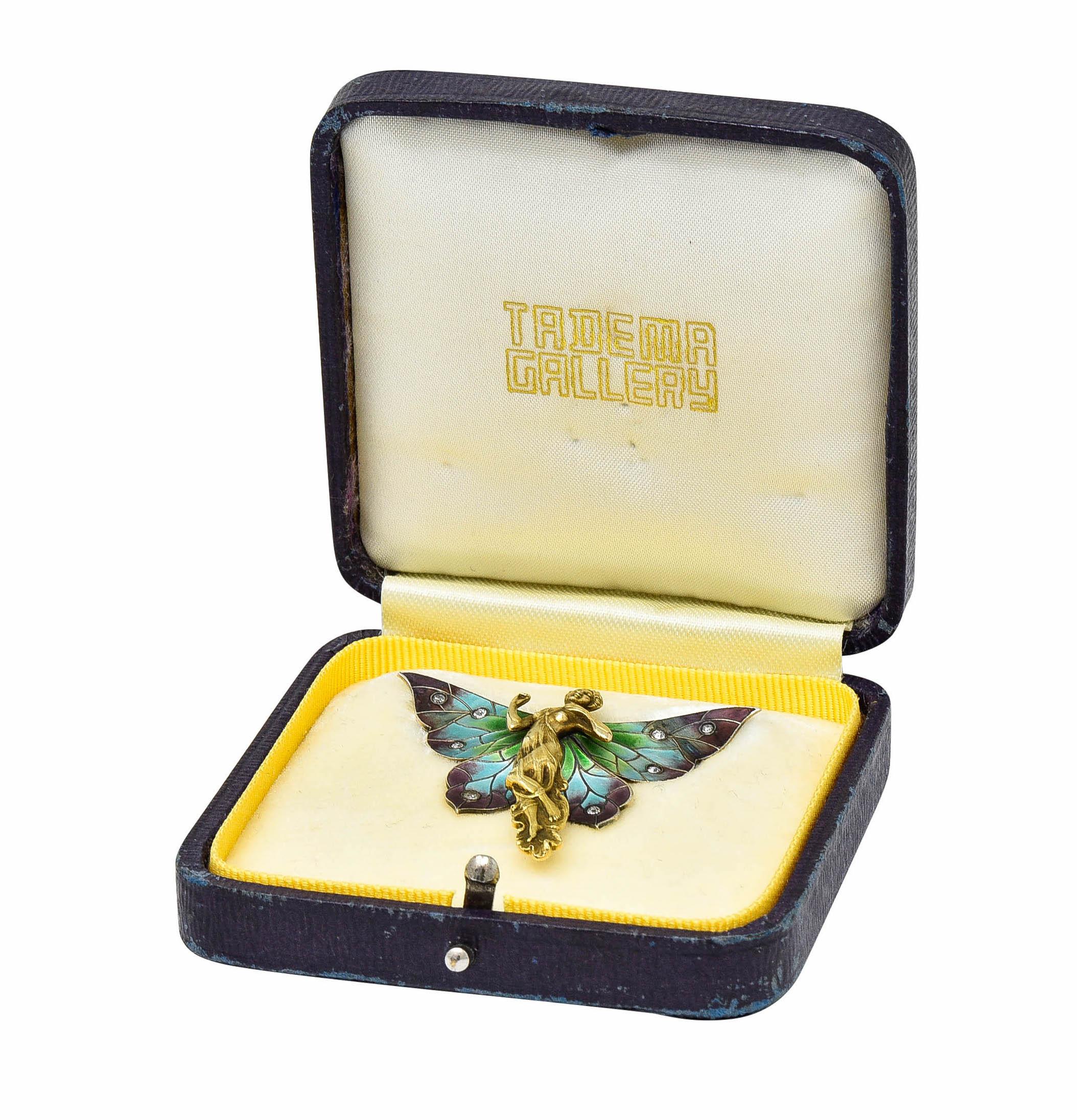 Broche fée Art nouveau en or 14 carats, émail et diamants, c. 1900 en vente 7