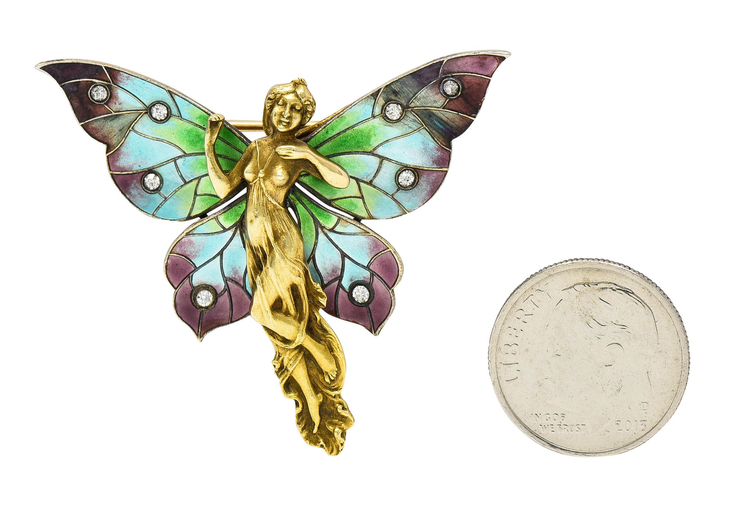 Art Nouveau Diamond Enamel 14 Karat Gold Fairy Brooch, Circa 1900 For Sale 5