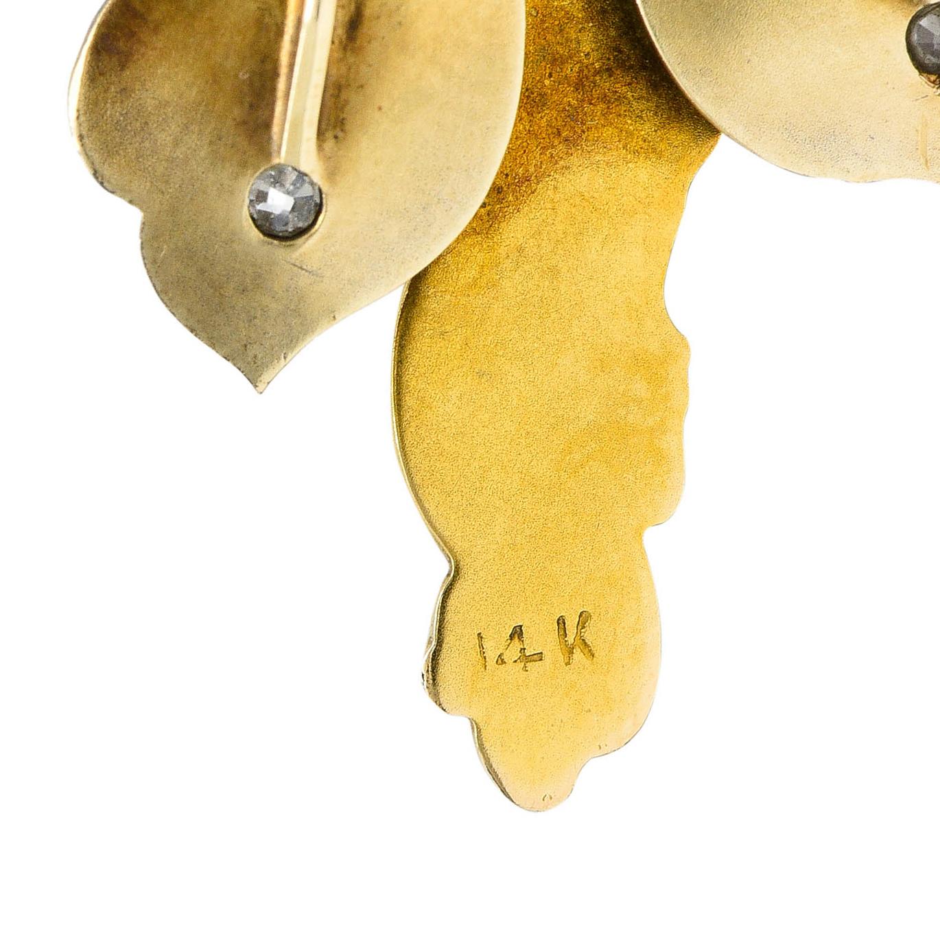 Jugendstil-Blumenbrosche aus 14 Karat Gold mit Diamant-Emaille, um 1900 im Angebot 1