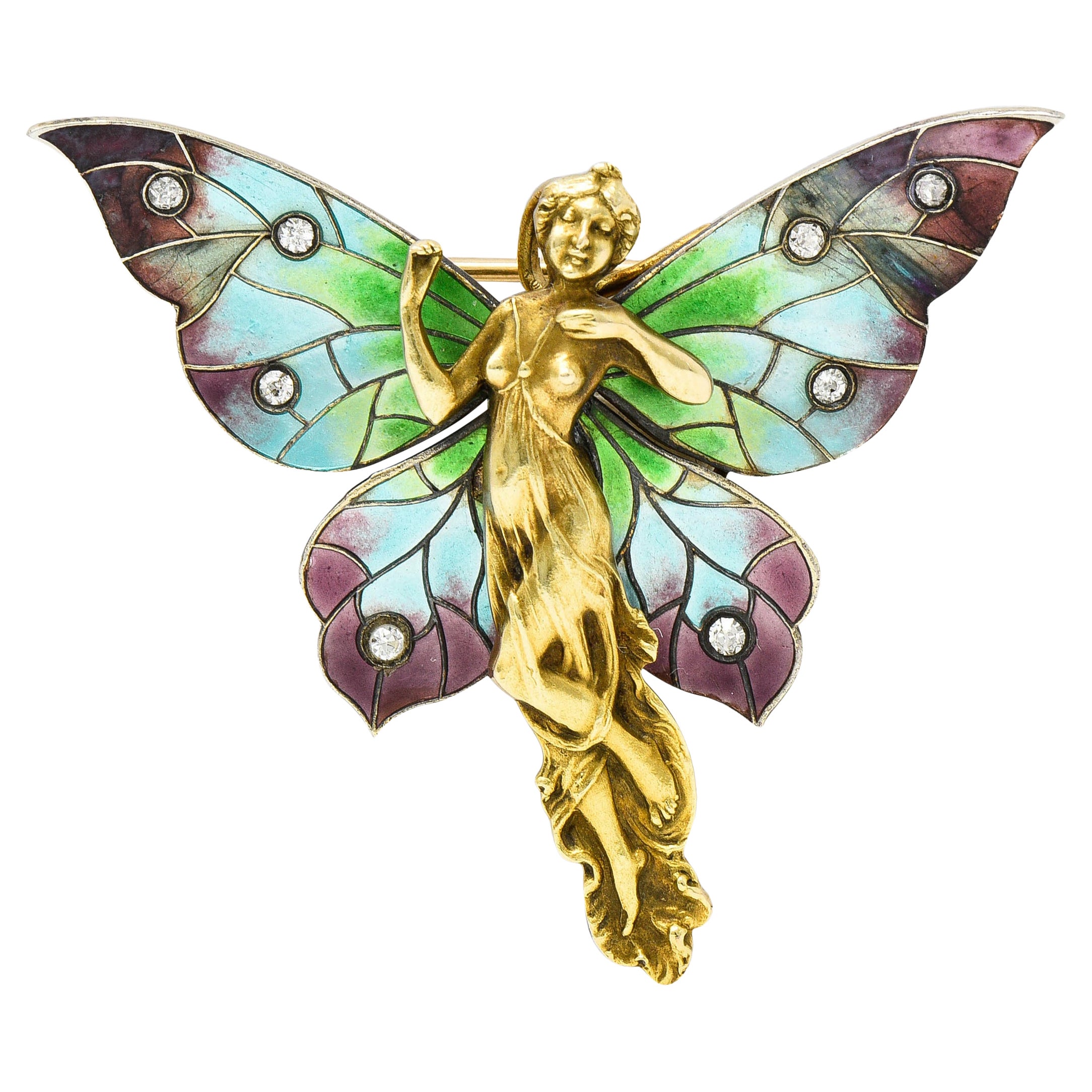 Broche fée Art nouveau en or 14 carats, émail et diamants, c. 1900