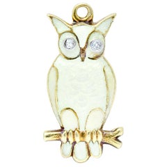 Antique Art Nouveau Diamond Enamel 14 Karat Gold Owl Charm