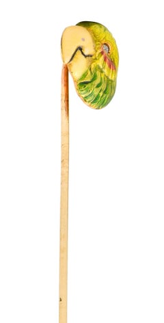Art Nouveau Diamond Enamel 14 Karat Gold Parrot Stickpin