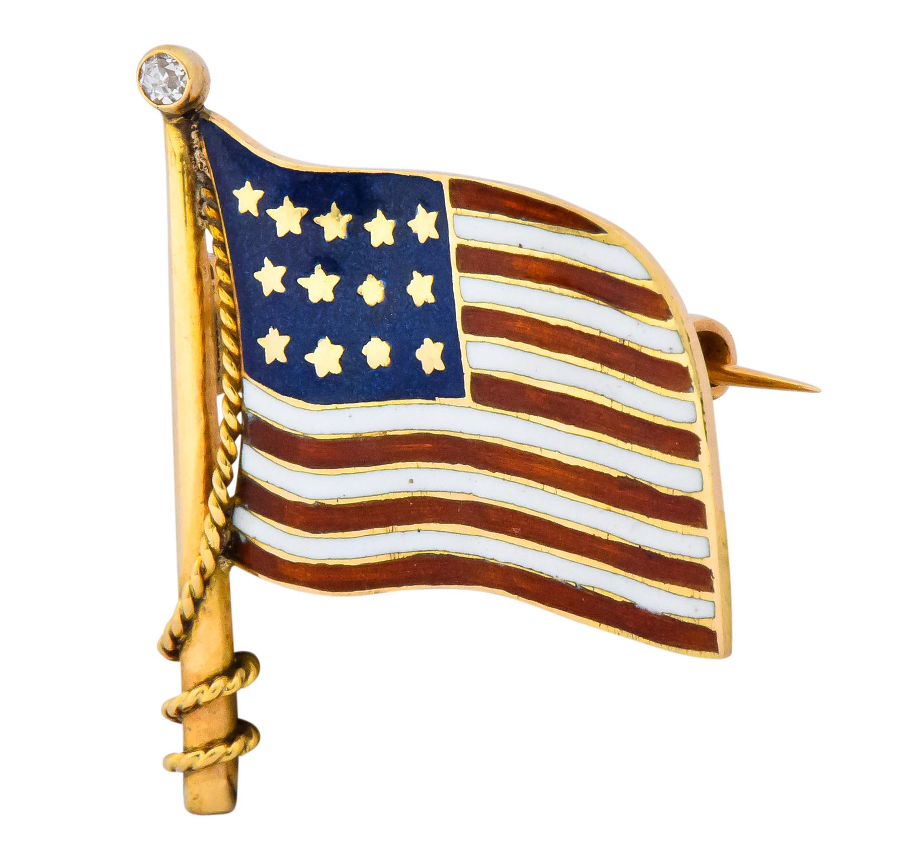 Designed as a United States Flag

Featuring red and white enamel stripes with a field of blue enamel and gold stars

Single cut diamond accent, weighing approximately 0.02 carat, eye-clean and white

Twisted gold rope detail

Tested as 14 karat