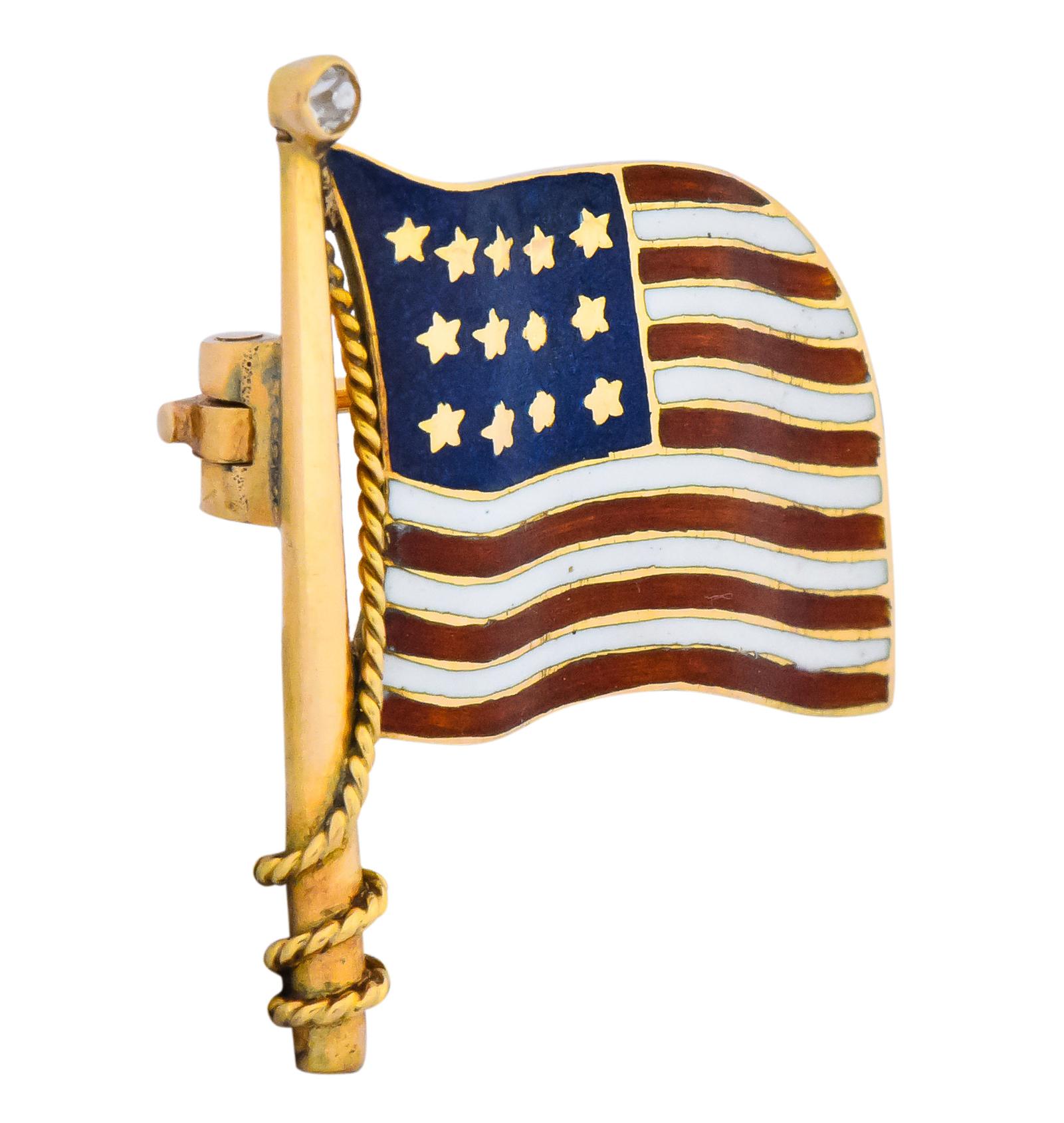 Round Cut Art Nouveau Diamond Enamel 14 Karat Gold United States Patriotic Flag Pin