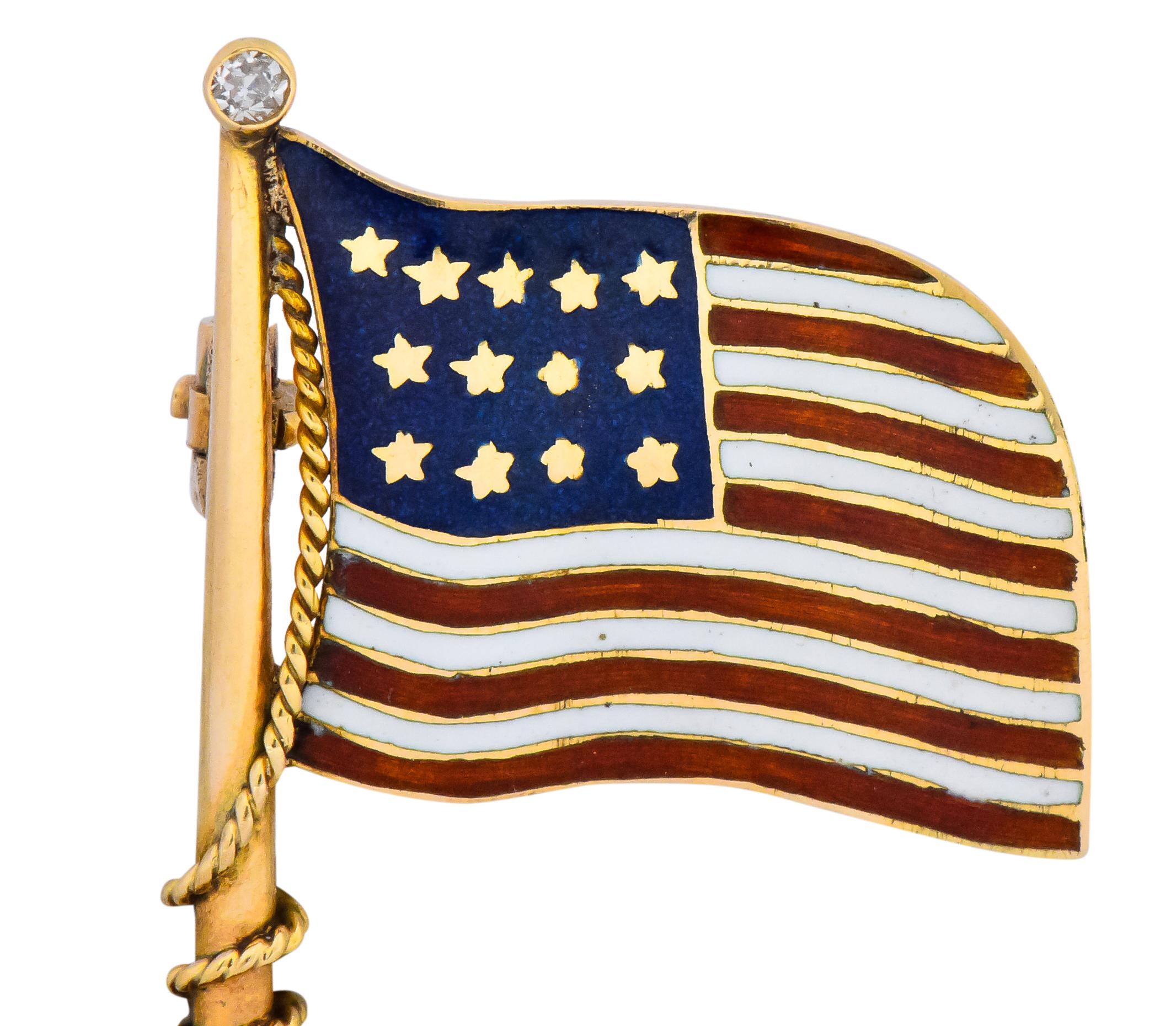 Art Nouveau Diamond Enamel 14 Karat Gold United States Patriotic Flag Pin 1