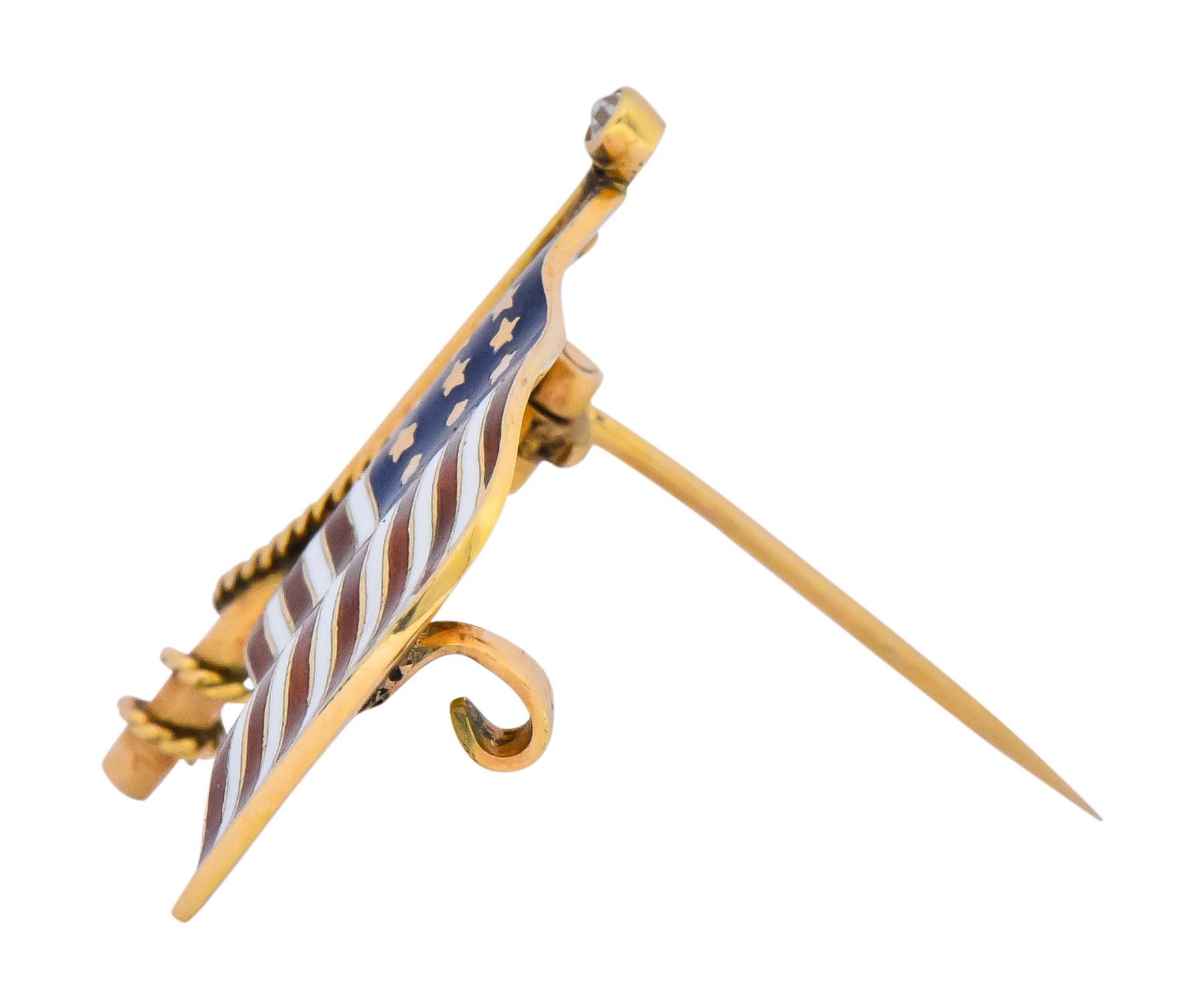 Art Nouveau Diamond Enamel 14 Karat Gold United States Patriotic Flag Pin 2