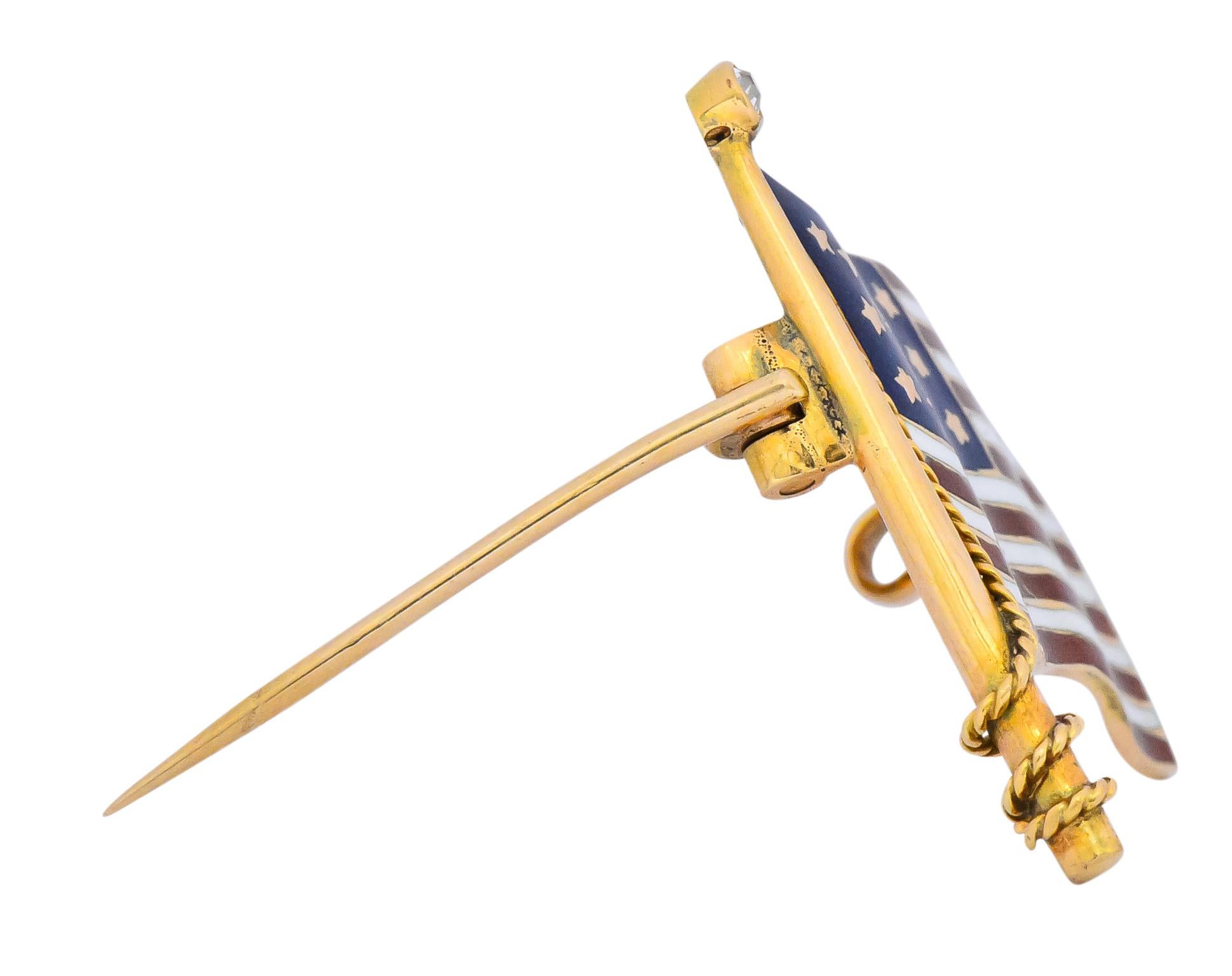 Art Nouveau Diamond Enamel 14 Karat Gold United States Patriotic Flag Pin 3