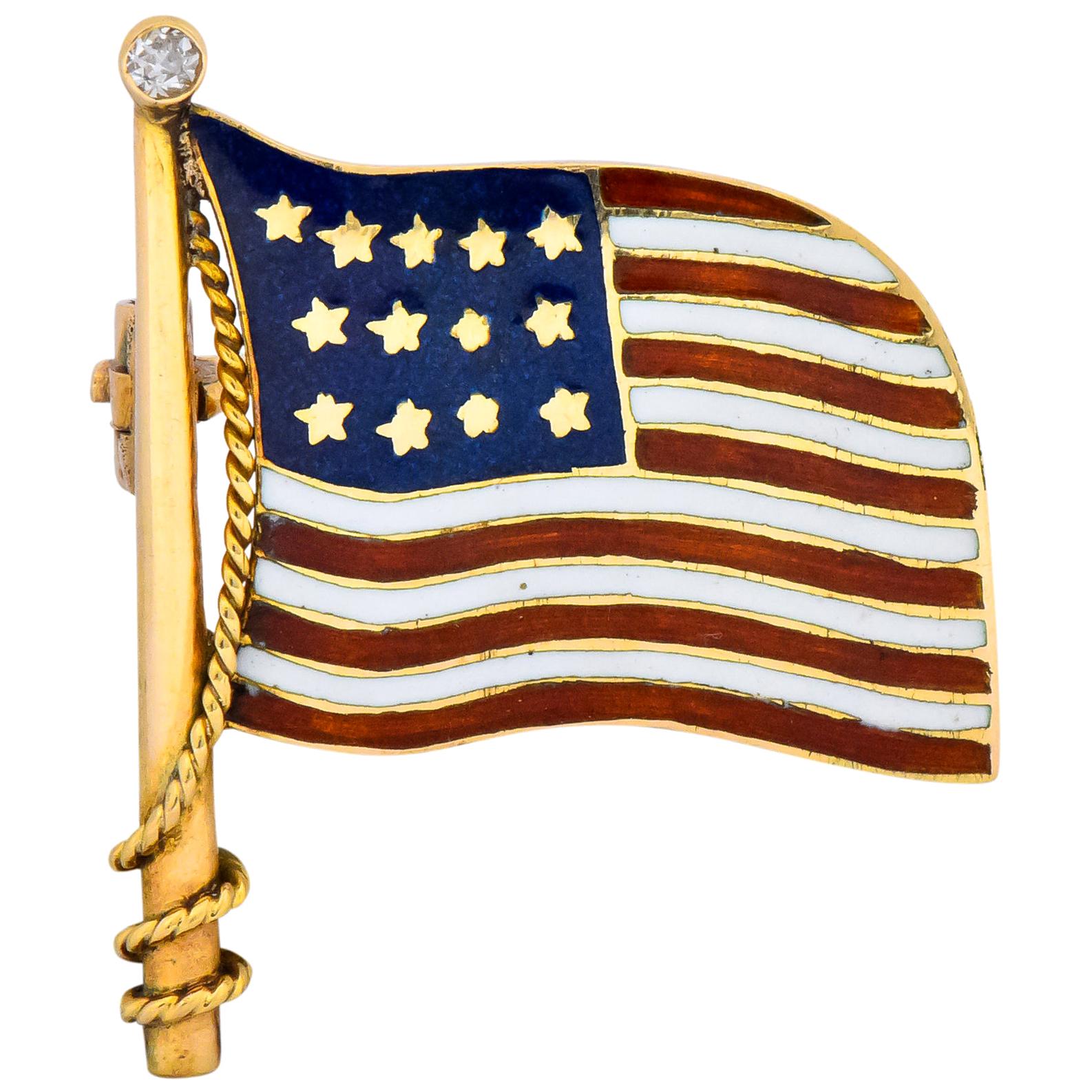 Art Nouveau Diamond Enamel 14 Karat Gold United States Patriotic Flag Pin