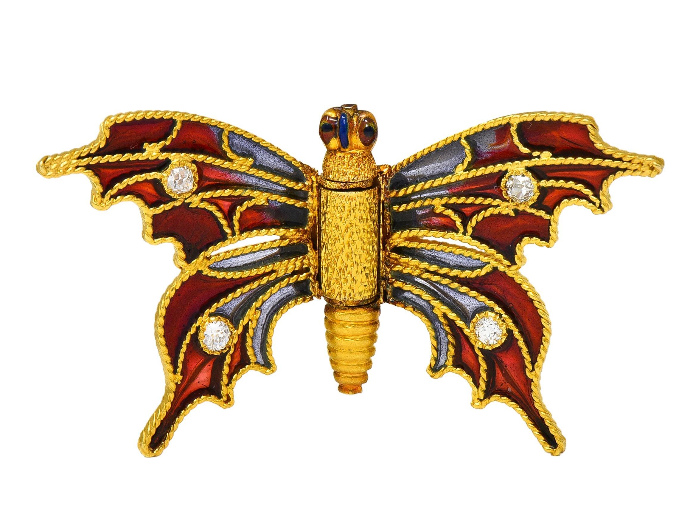 Broche papillon antique en or jaune 14 carats avec diamant et émail