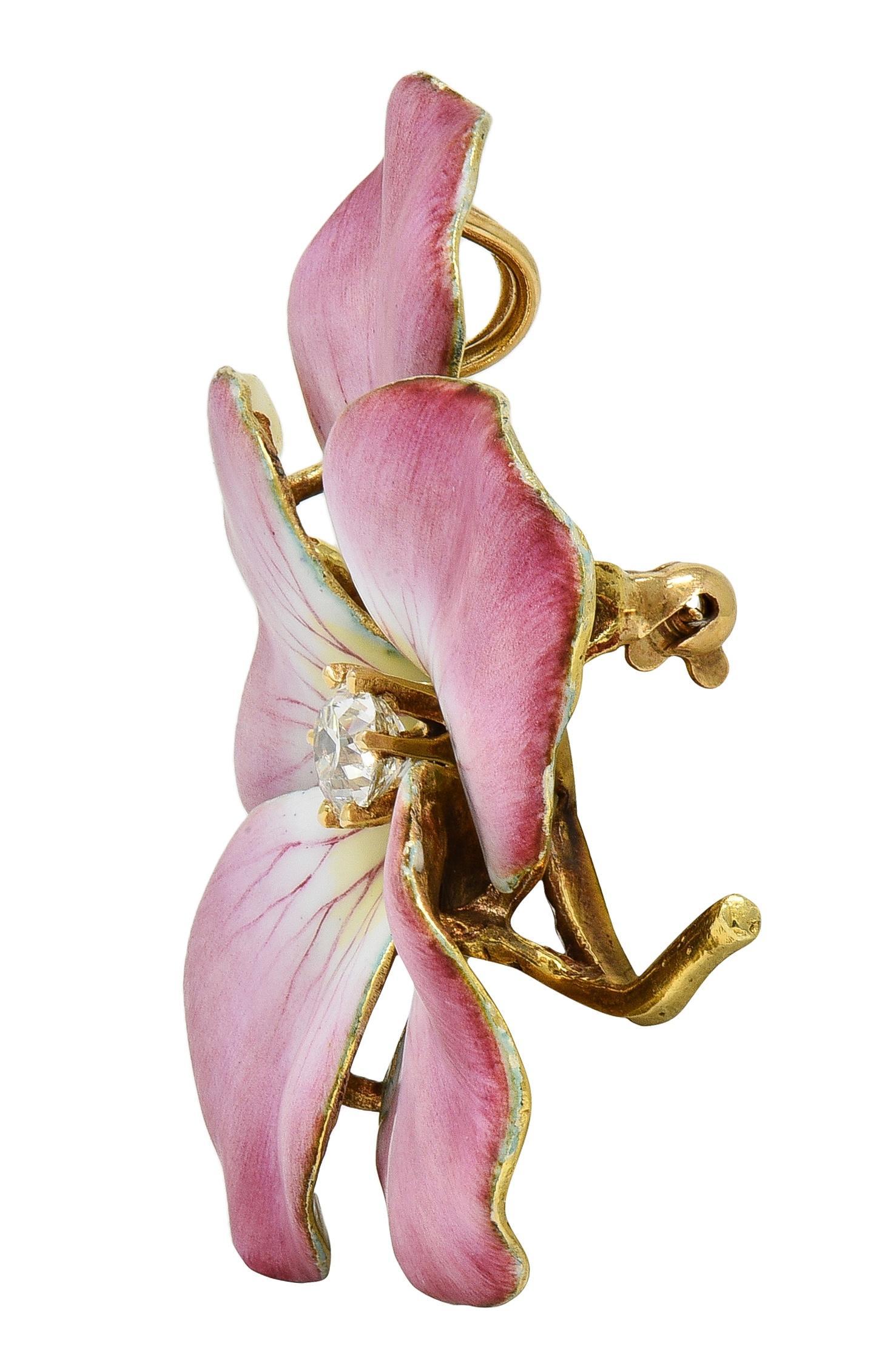 Art nouveau Art Nouveau Diamant Émail Or Jaune 14 Karat Broche Pendentif Fleur Antique en vente