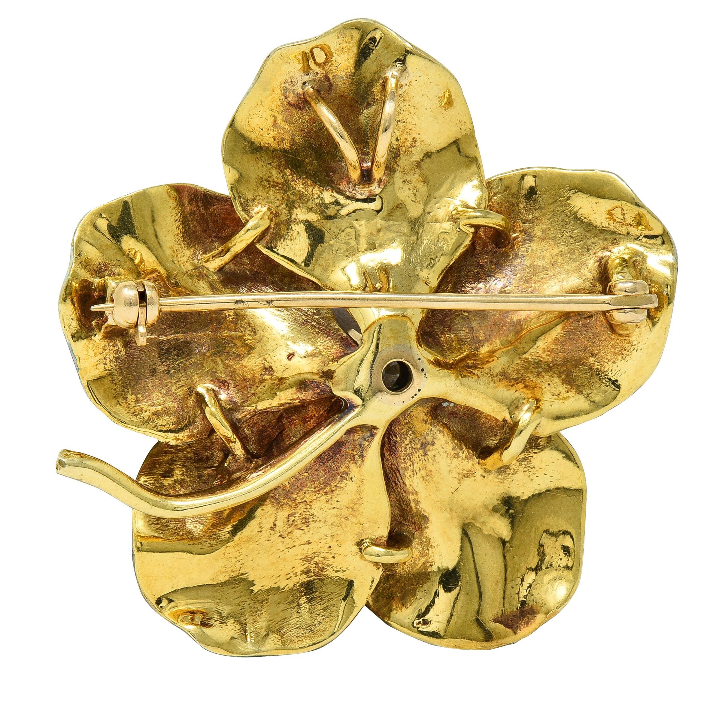 Taille vieille mine Art Nouveau Diamant Émail Or Jaune 14 Karat Broche Pendentif Fleur Antique en vente