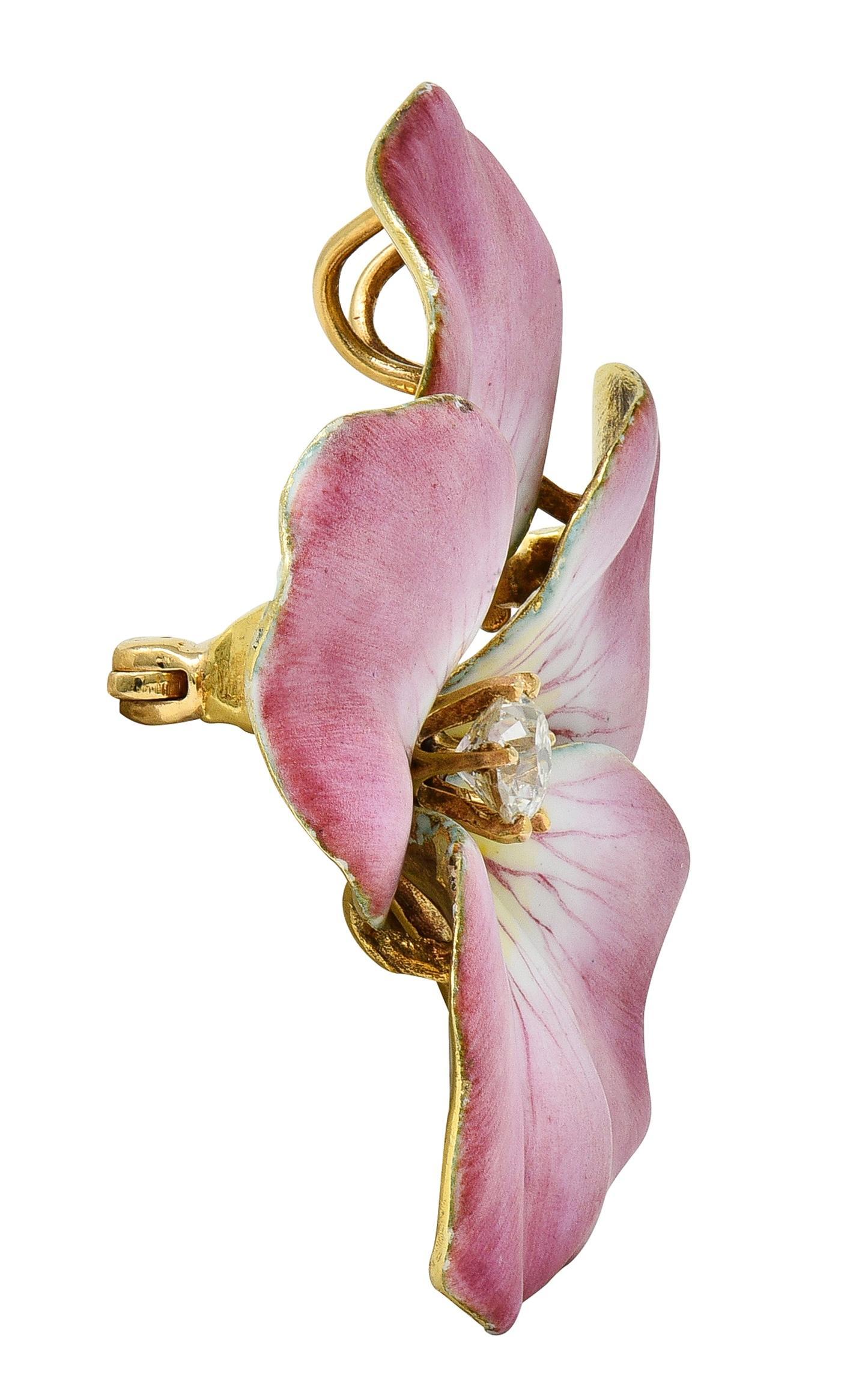 Art Nouveau Diamant Émail Or Jaune 14 Karat Broche Pendentif Fleur Antique Excellent état - En vente à Philadelphia, PA