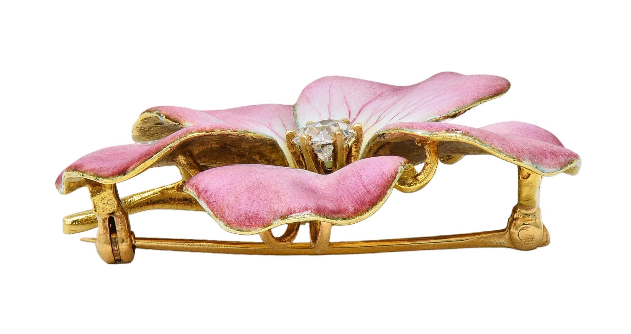 Art Nouveau Diamant Émail Or Jaune 14 Karat Broche Pendentif Fleur Antique en vente 2
