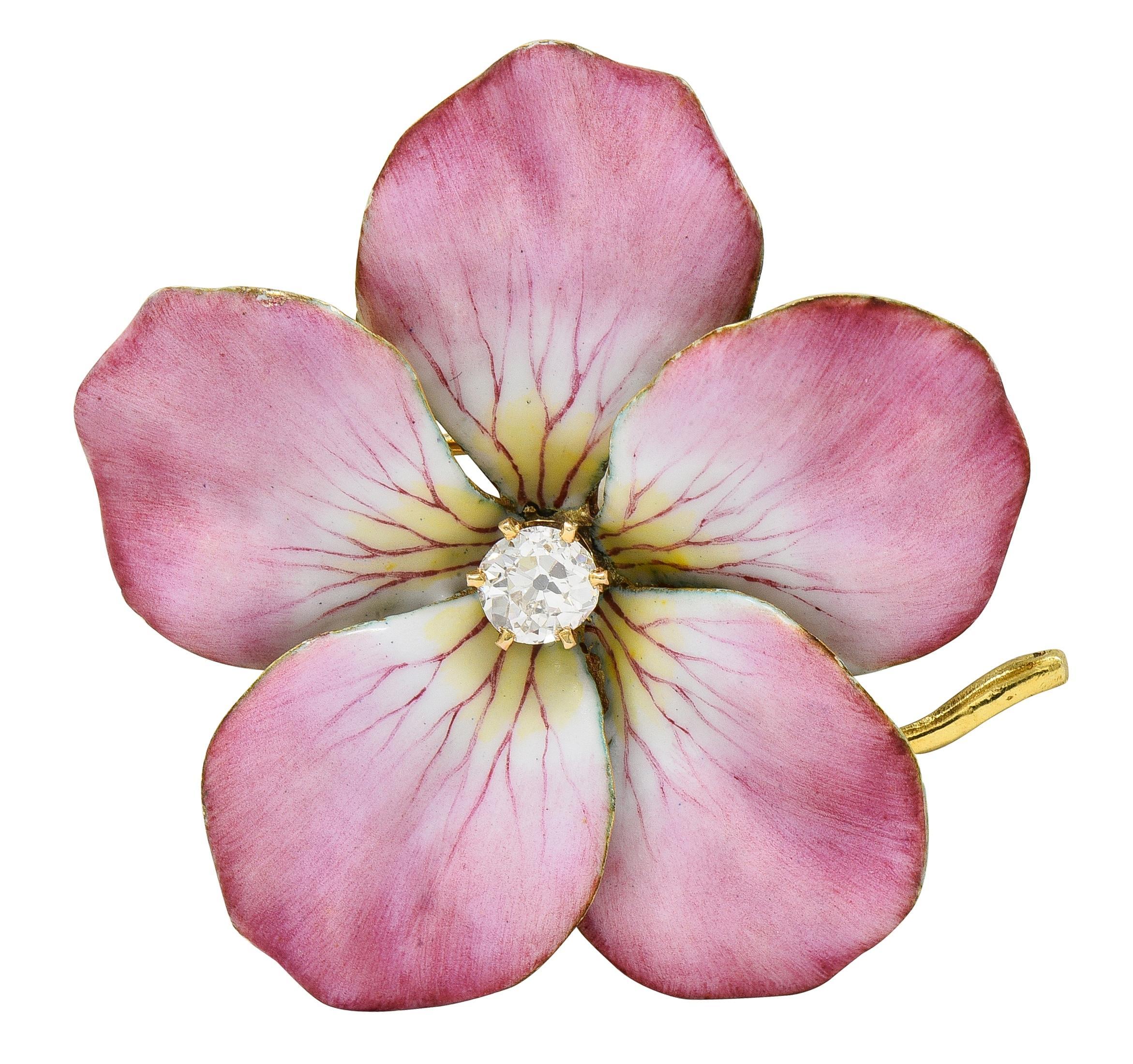 Art Nouveau Diamant Émail Or Jaune 14 Karat Broche Pendentif Fleur Antique en vente 3