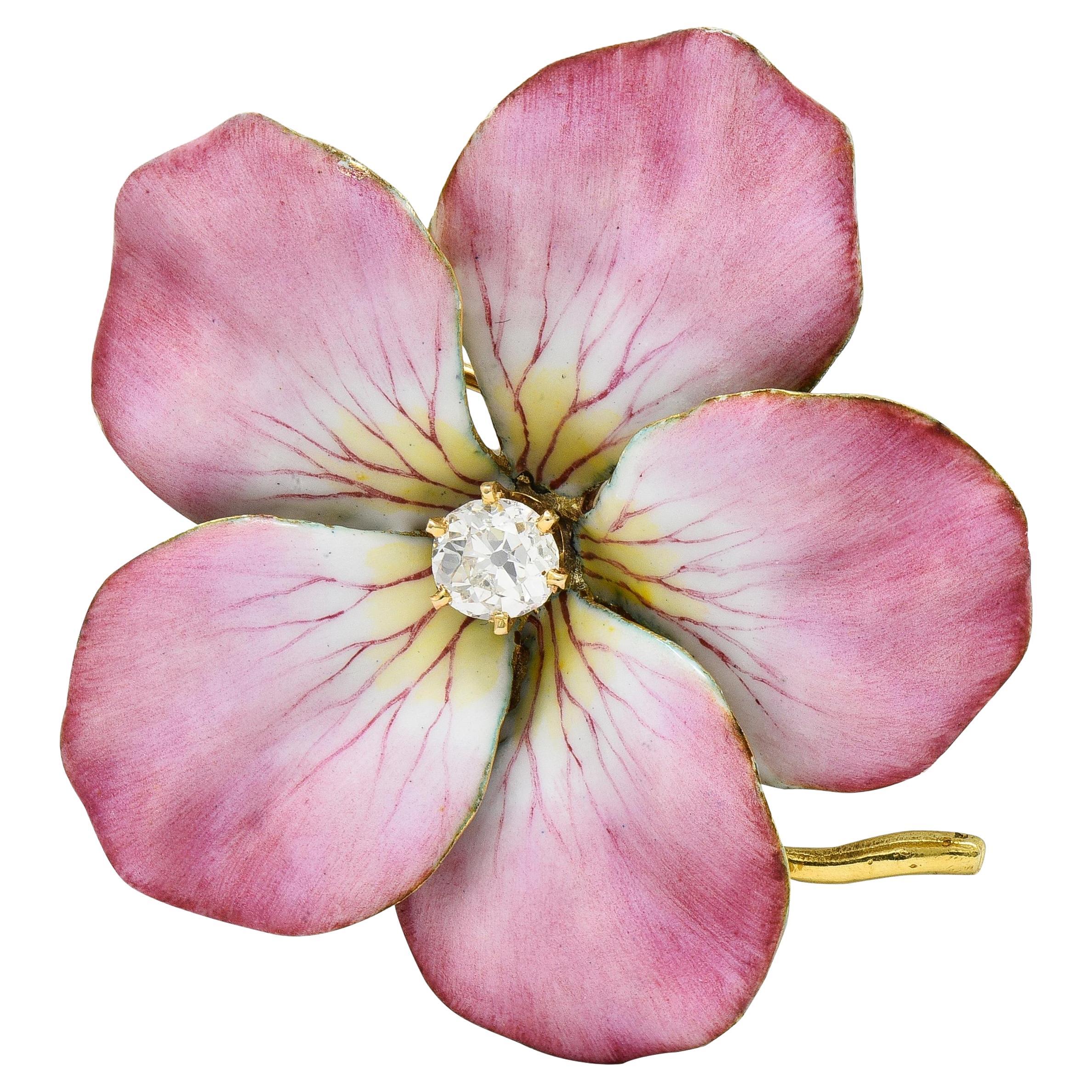 Art Nouveau Diamant Émail Or Jaune 14 Karat Broche Pendentif Fleur Antique en vente