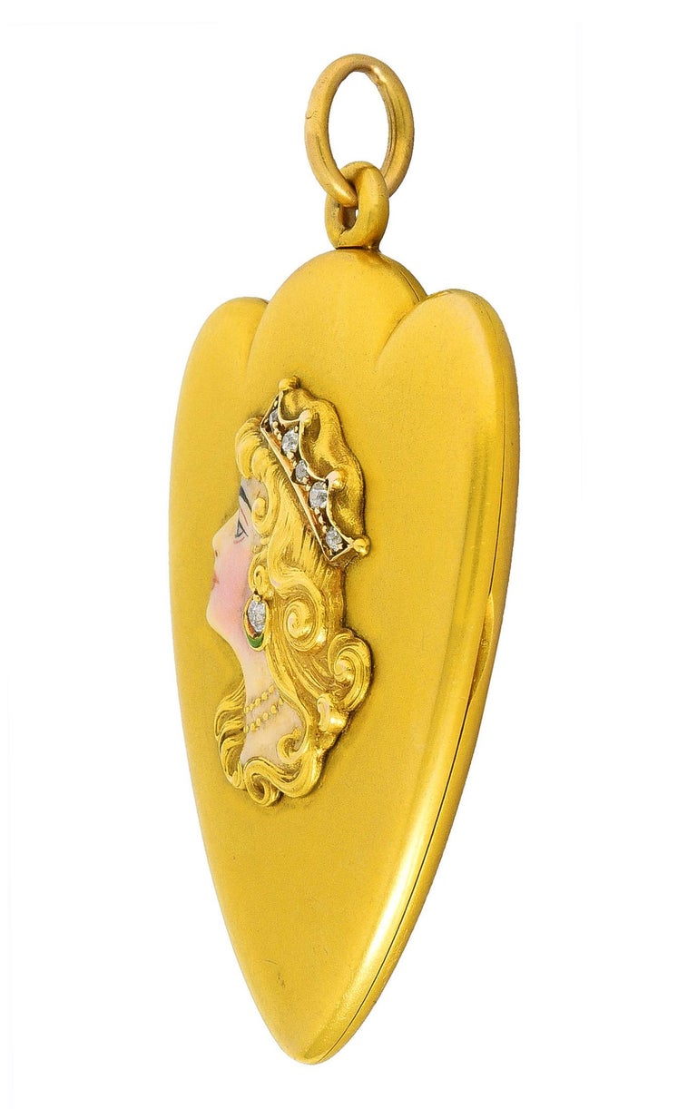 Art Nouveau Diamond Enamel 14 Karat Yellow Gold Lady Locket Pendant For ...