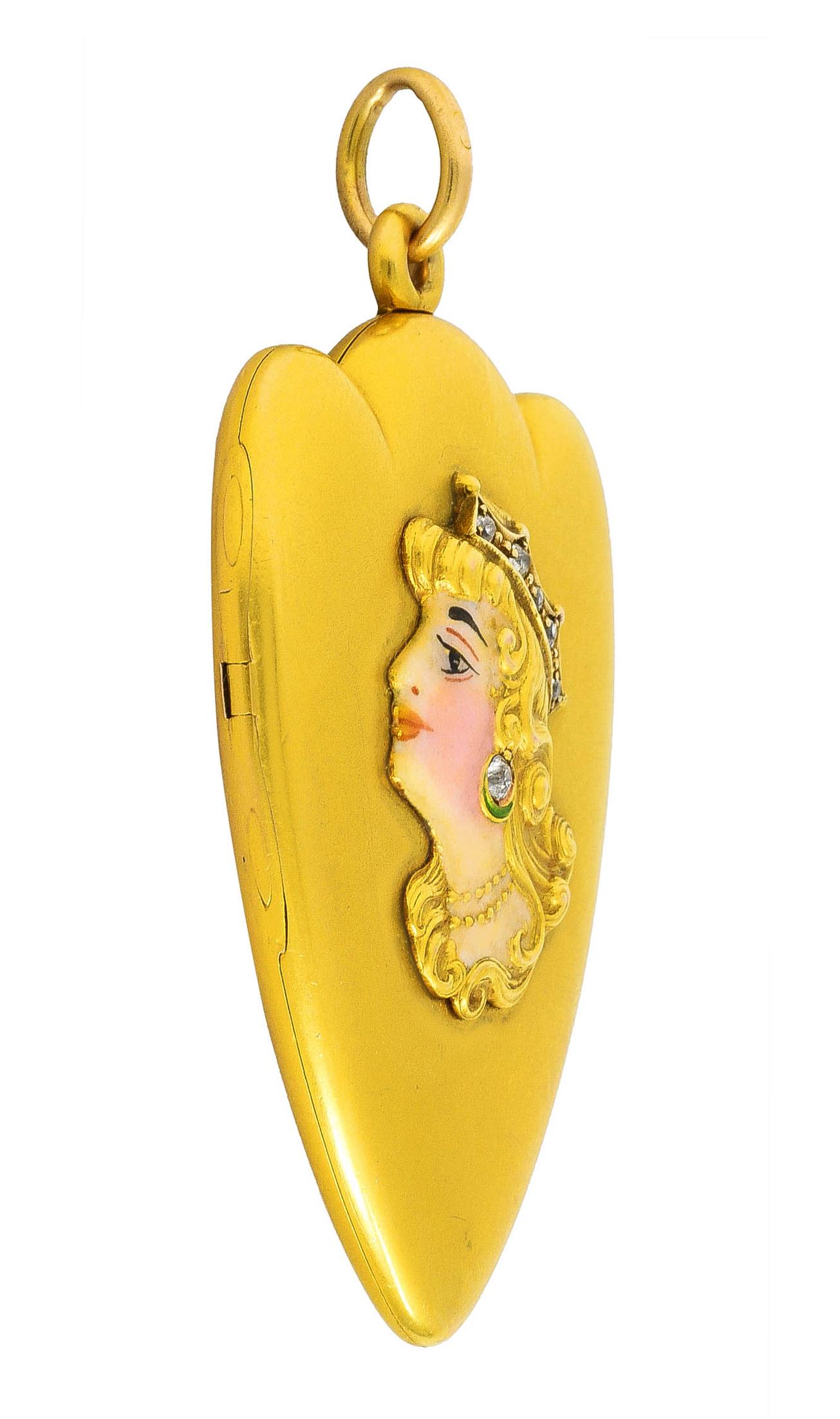 Art Nouveau Diamant-Emaille 14 Karat Gelbgold Lady Locket Anhänger im Zustand „Hervorragend“ in Philadelphia, PA