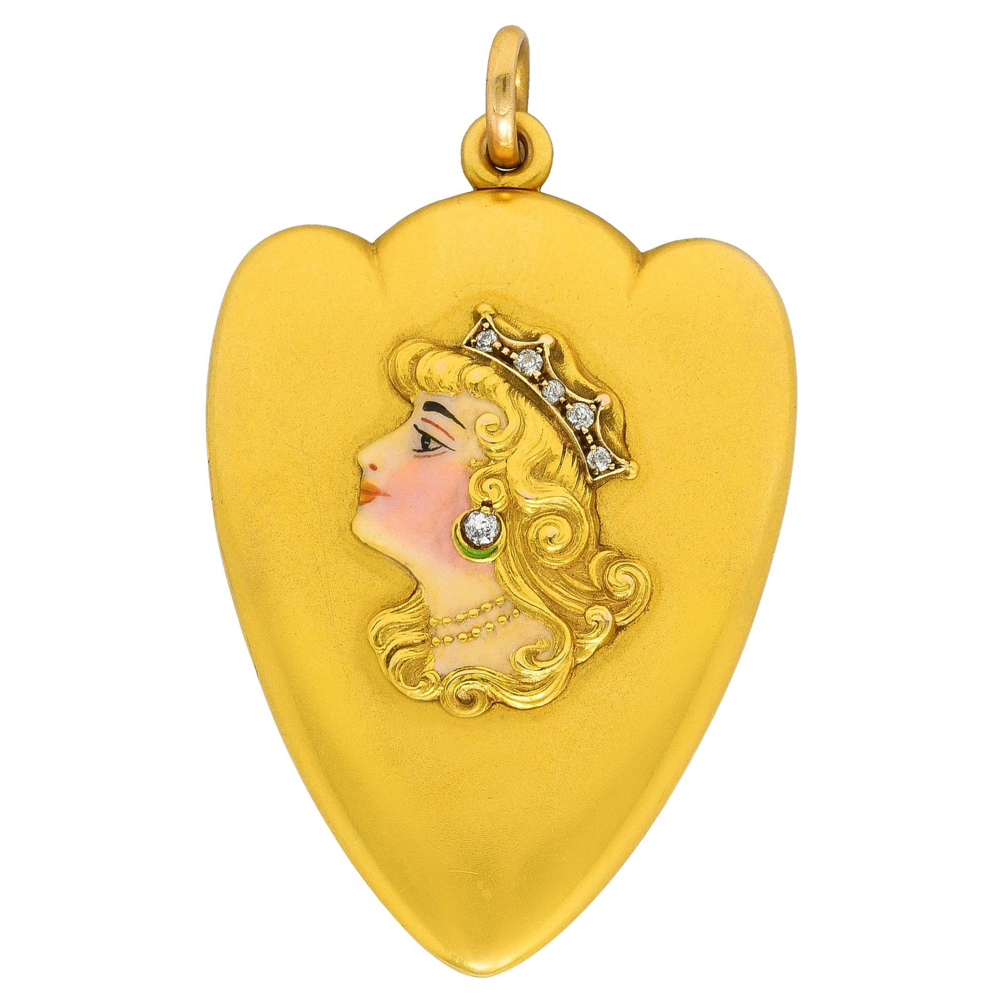 Art Nouveau Diamond Enamel 14 Karat Yellow Gold Lady Locket Pendant