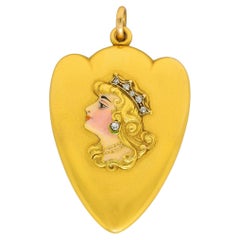 Antique Art Nouveau Diamond Enamel 14 Karat Yellow Gold Lady Locket Pendant