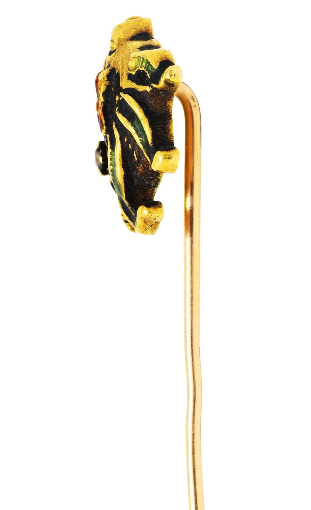 Round Cut Art Nouveau Diamond Enamel 14 Karat Yellow Gold Pan Stickpin For Sale