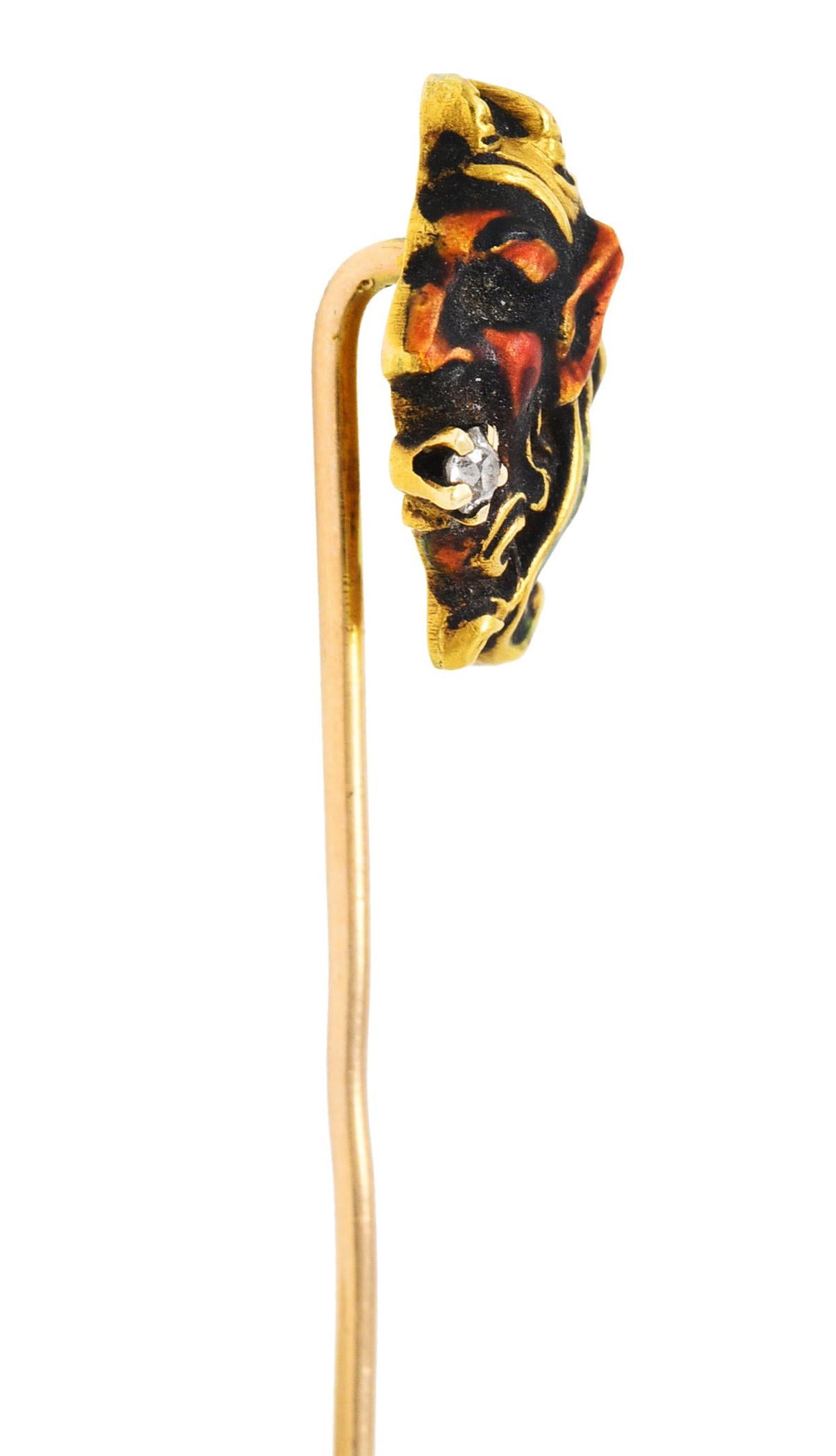 Women's or Men's Art Nouveau Diamond Enamel 14 Karat Yellow Gold Pan Stickpin For Sale