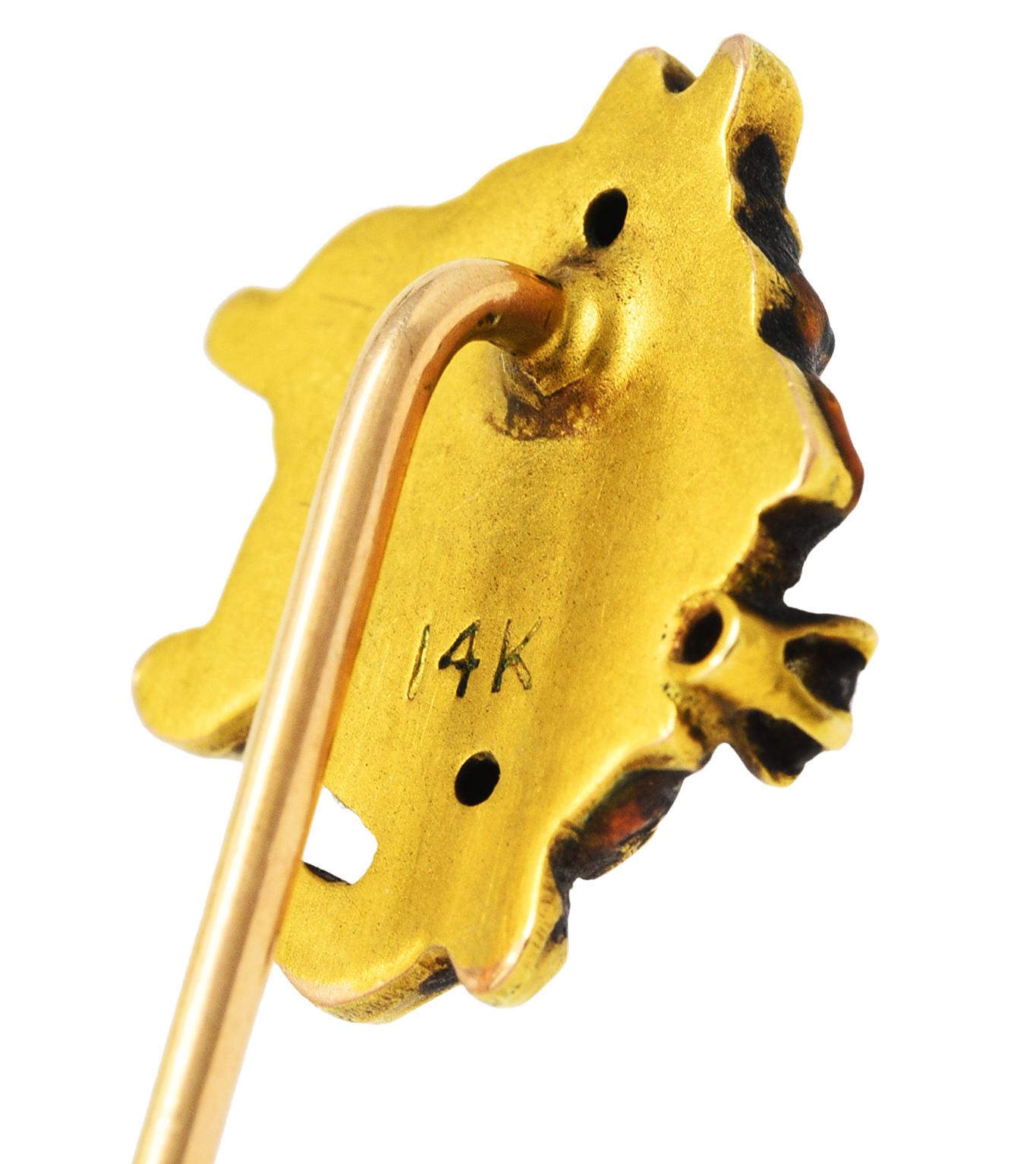 Art Nouveau Diamond Enamel 14 Karat Yellow Gold Pan Stickpin For Sale 1