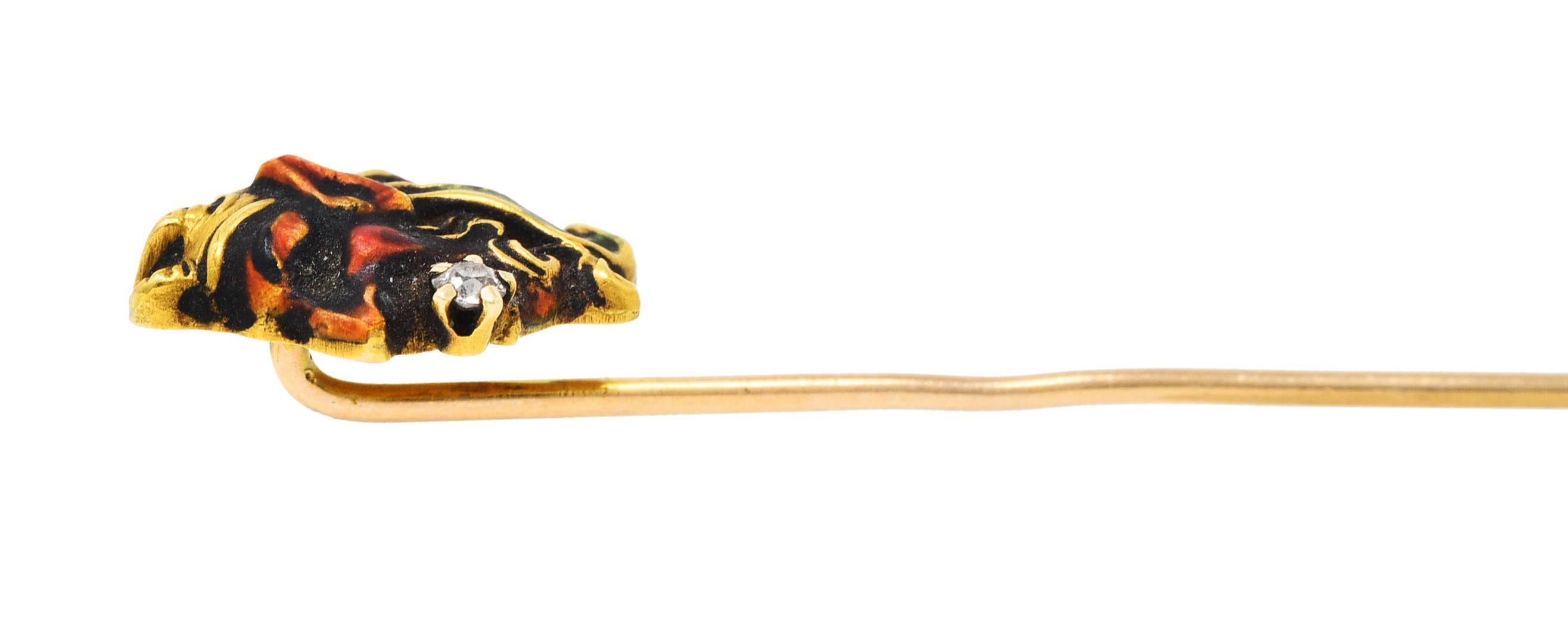 Art Nouveau Diamond Enamel 14 Karat Yellow Gold Pan Stickpin For Sale 2