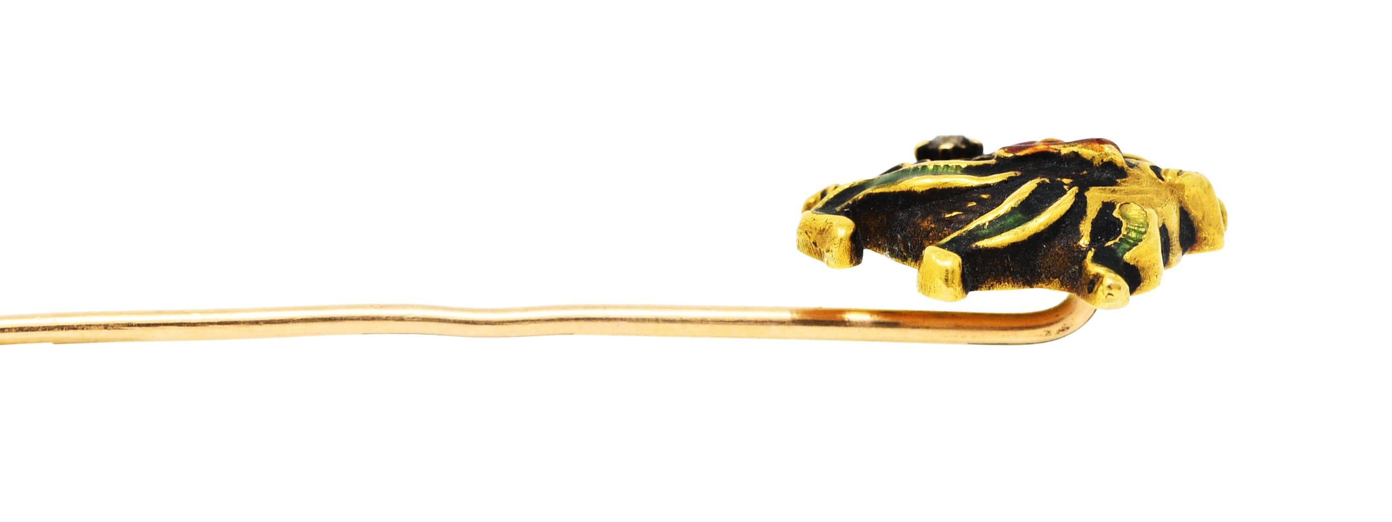 Art Nouveau Diamond Enamel 14 Karat Yellow Gold Pan Stickpin For Sale 3