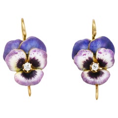 Antike Stiefmütterchen-Ohrringe aus 14 Karat Gelbgold mit Diamant-Emaille im Jugendstil