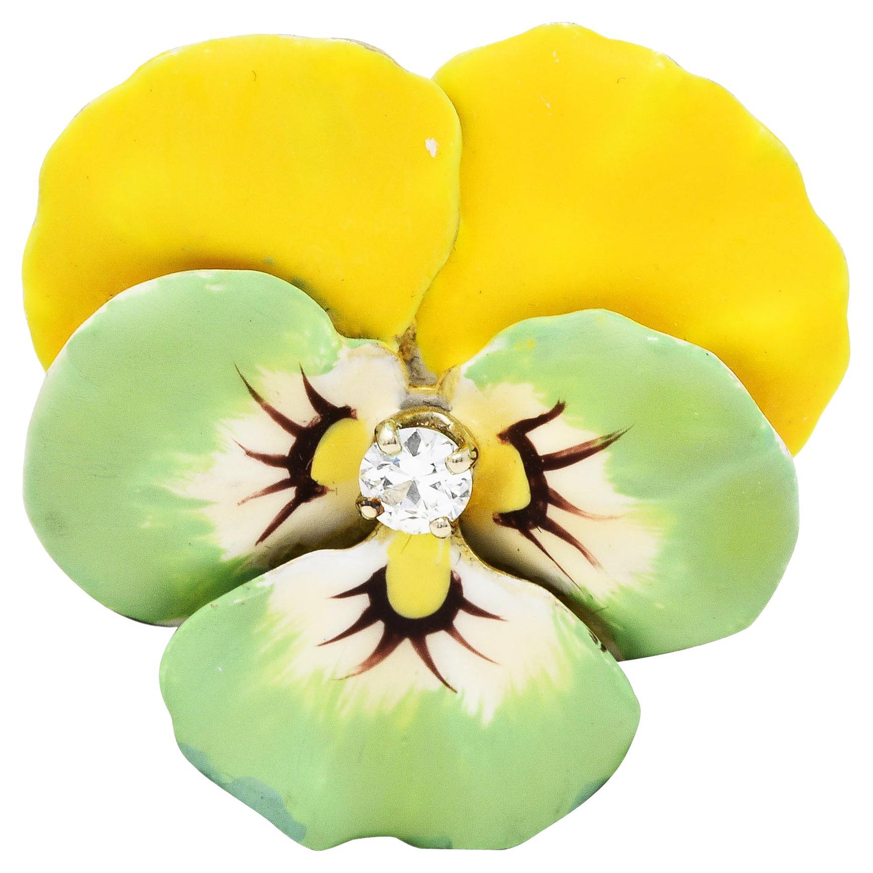Art Nouveau Diamond Enamel 14 Karat Yellow Gold Pansy Antique Flower Brooch