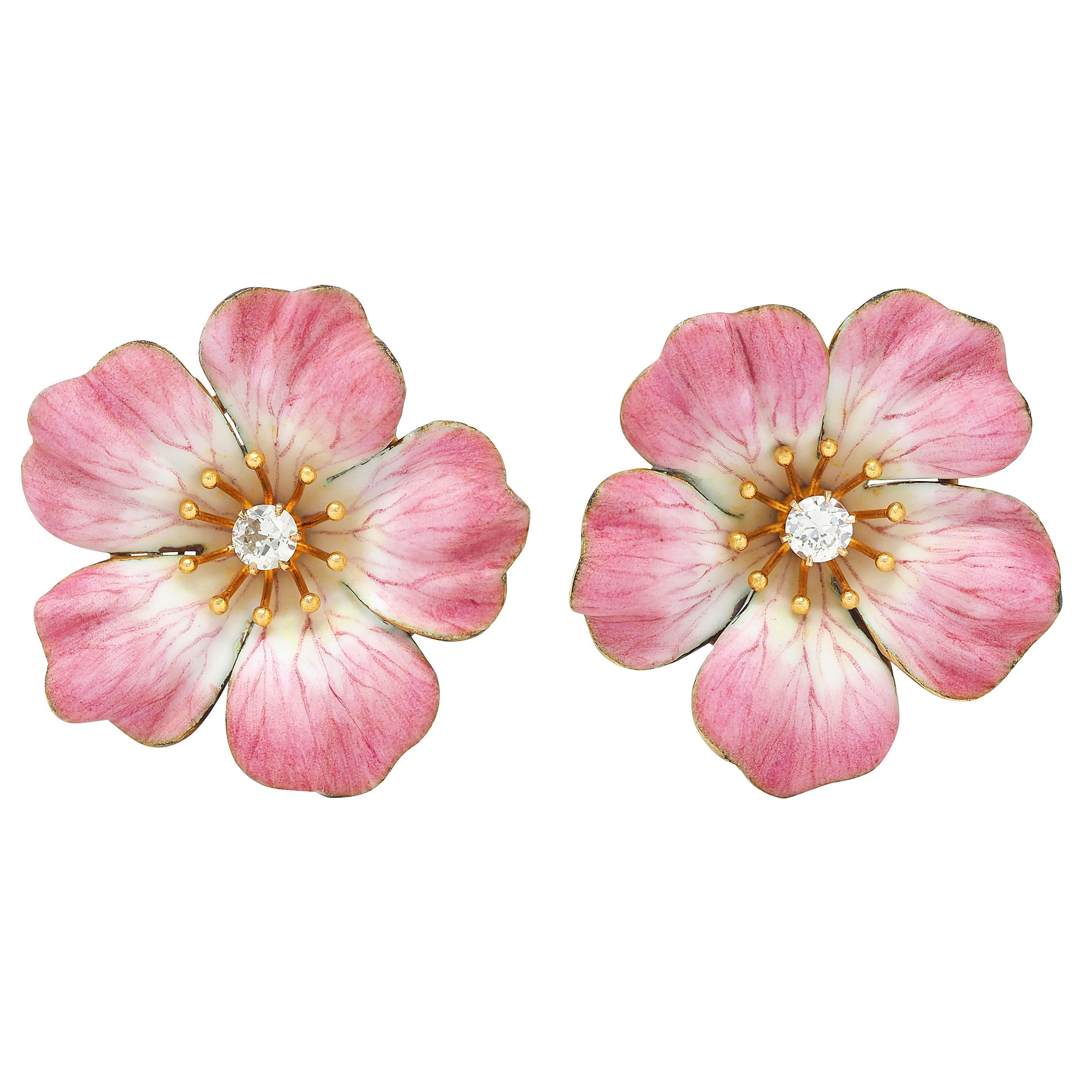 Orecchini a vite con diamante e smalto in oro 14K con fiori dipinti antichi