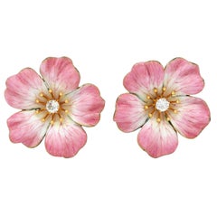 Art Nouveau Diamond Enamel 14K Gold Antique Painted Flower Screw-Back Earrings