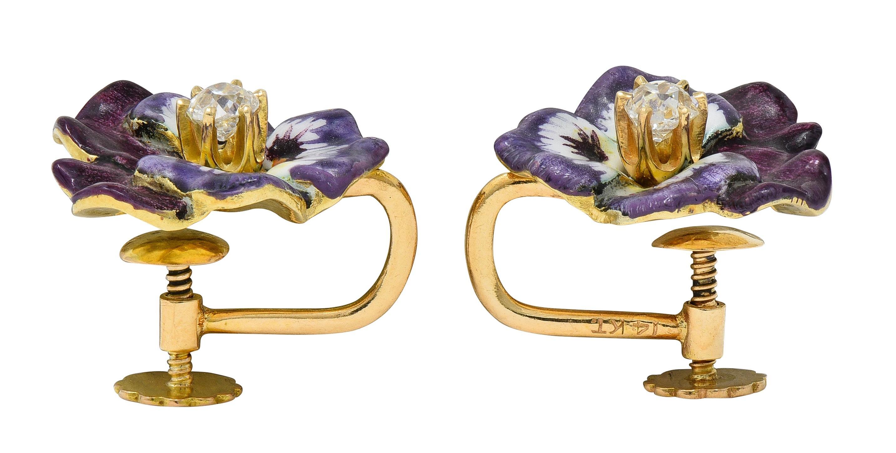 Donna Orecchini a vite con diamante e smalto in oro 14 carati, con viola del pensiero dipinta in stile liberty in vendita