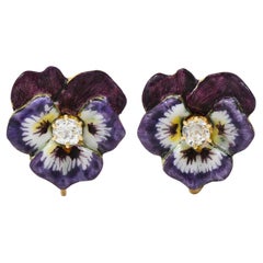 Art Nouveau Diamond Enamel 14K Gold Antique Painted Pansy Screw-Back Earrings