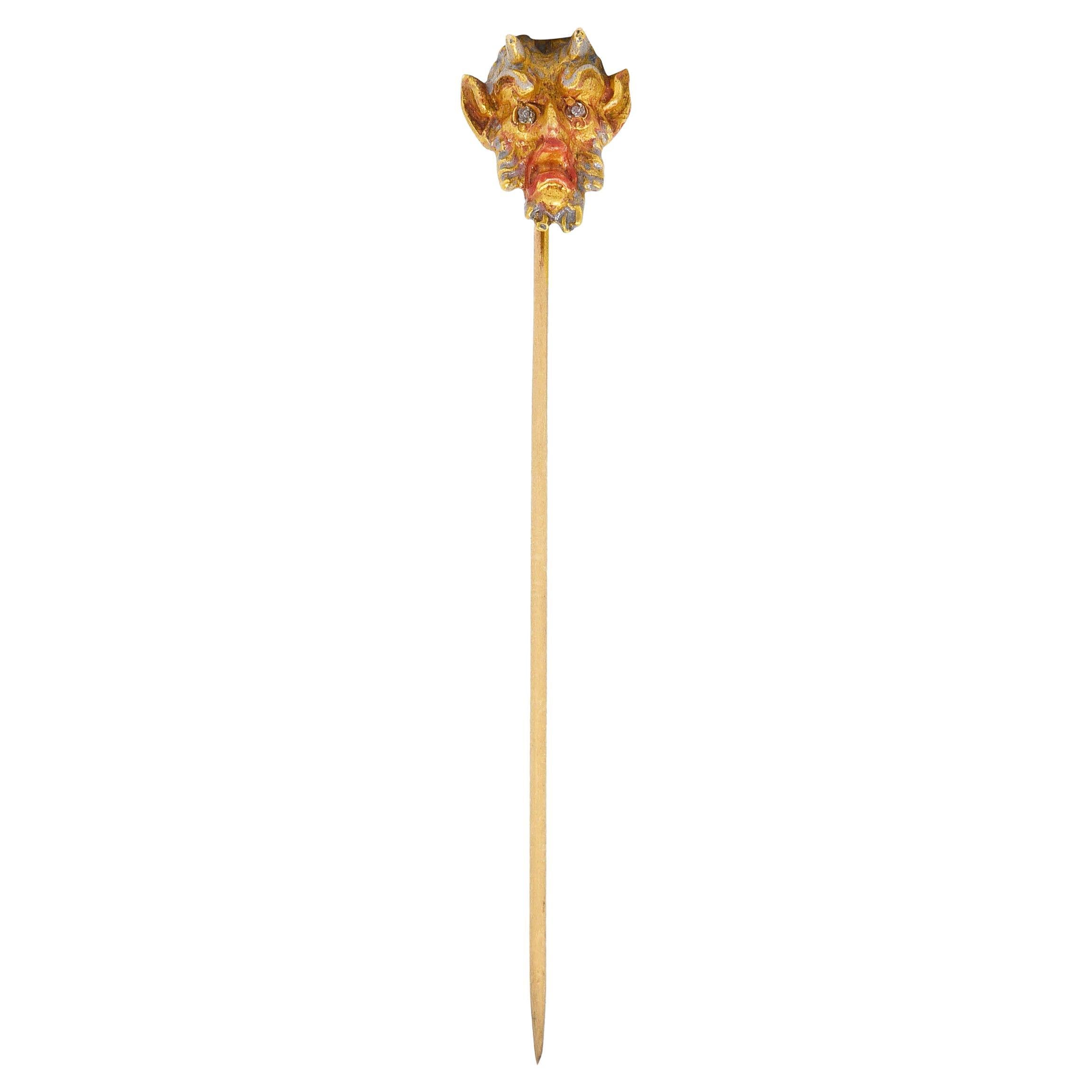 Art Nouveau Diamond Enamel 18 Karat Gold Devilish Satyr Stickpin