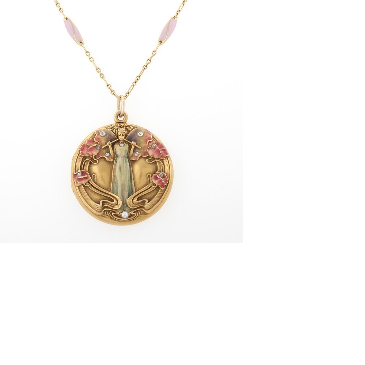 An Art Nouveau 14 karat gold and enamel pendant locket with diamonds. The pendant is decorated with 10 old mine and single-cut diamonds with the approximate total weight of .30 carat.  The relief cover depicts the angel Gabriel blowing his horns.