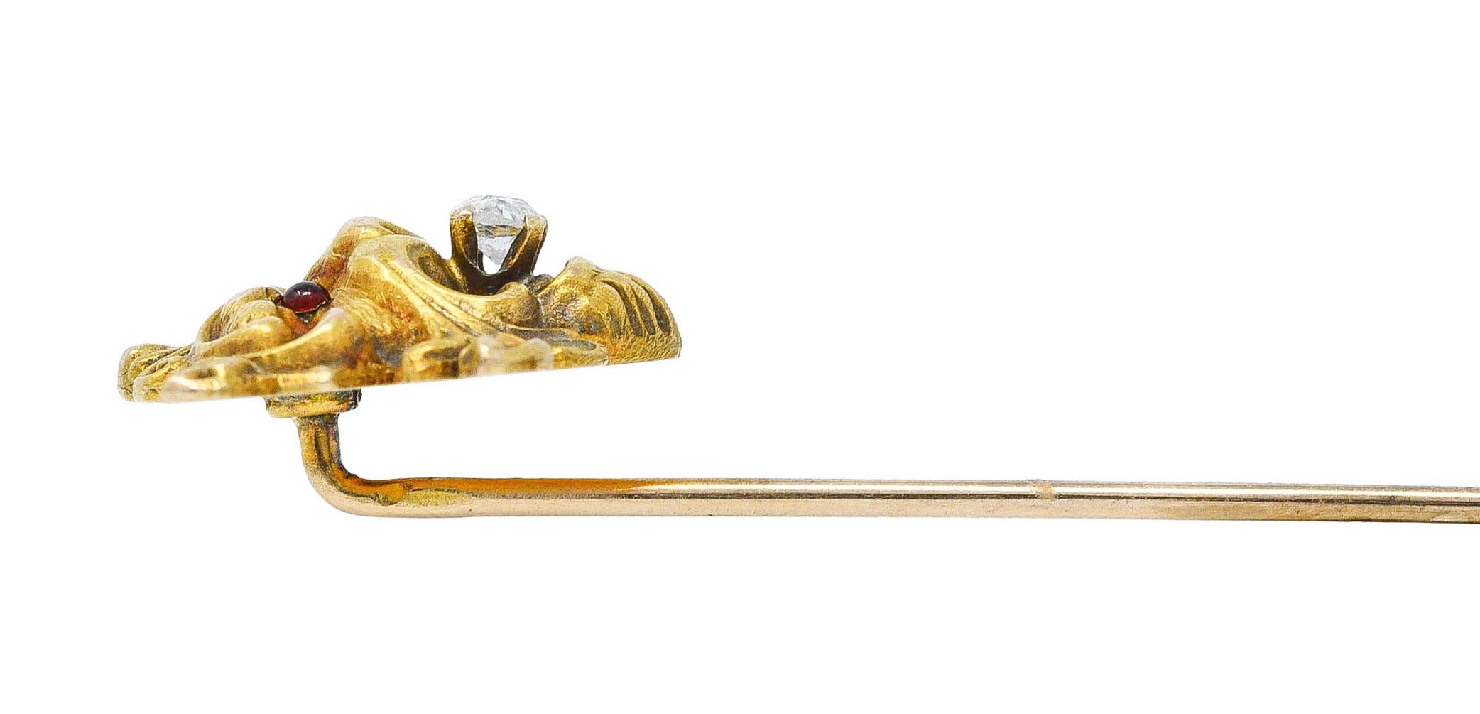 Old European Cut Art Nouveau Diamond Garnet 14 Karat Gold Lion Stickpin