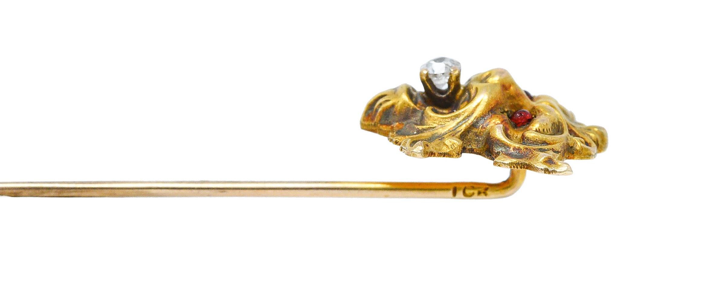 Women's or Men's Art Nouveau Diamond Garnet 14 Karat Gold Lion Stickpin