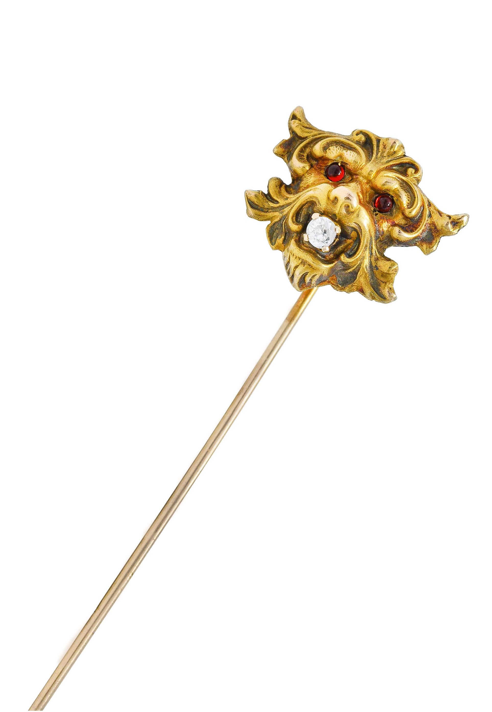 Art Nouveau Diamond Garnet 14 Karat Gold Lion Stickpin 1