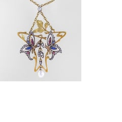 Art Nouveau Diamond Garnet Ruby Sapphire Gold and Silver Bee Pendant Necklace