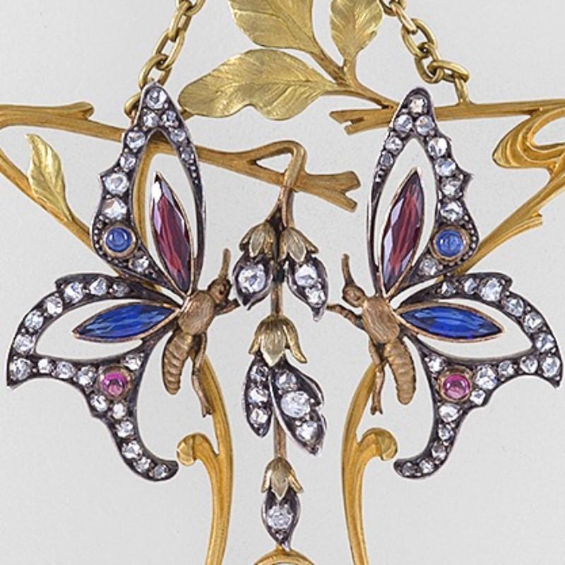 Women's Art Nouveau Diamond Garnet Ruby Sapphire Gold and Silver Bee Pendant Necklace