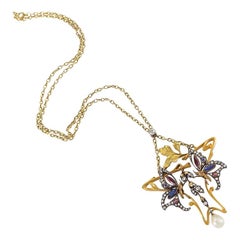 Art Nouveau Diamond Garnet Ruby Sapphire Gold and Silver Bee Pendant Necklace