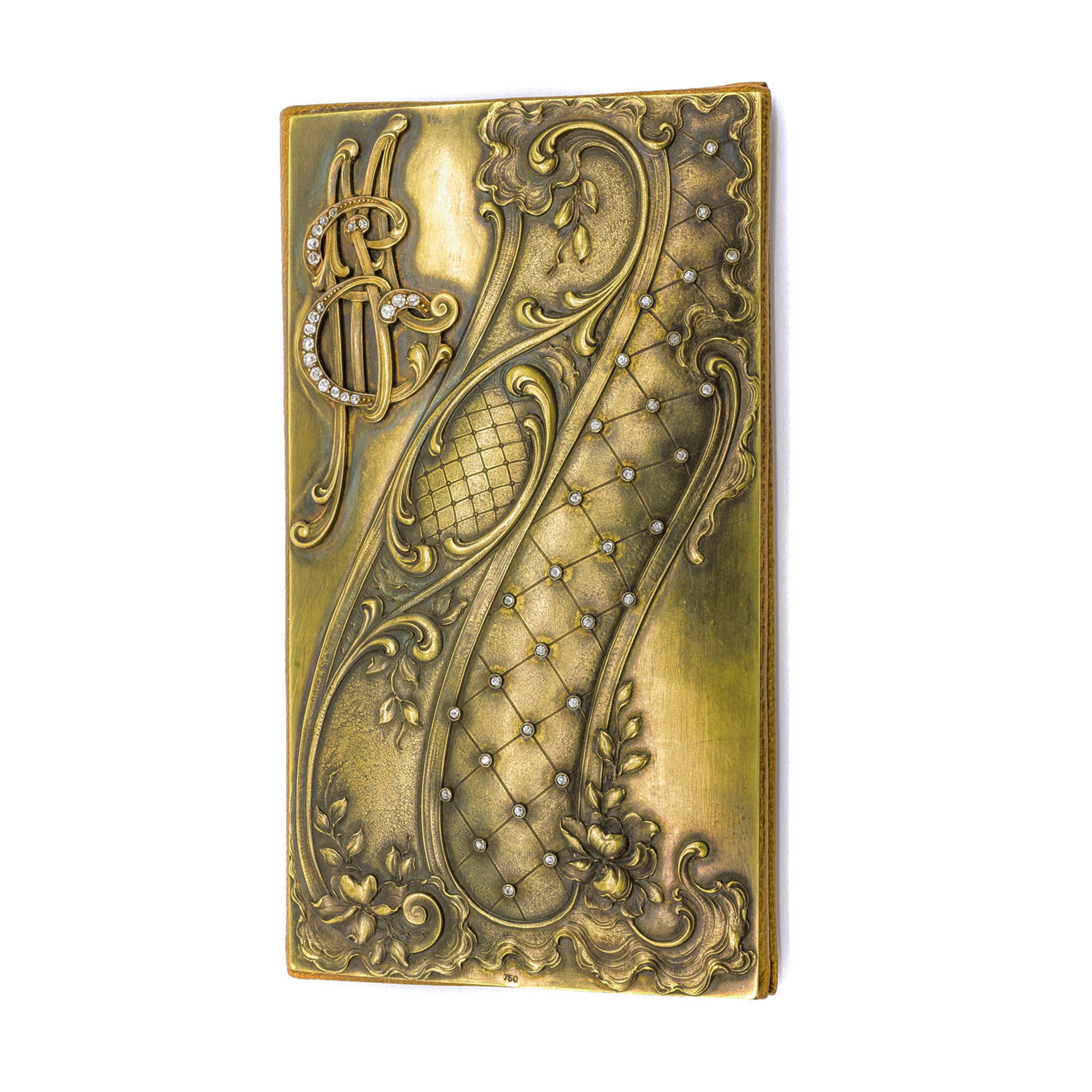 Old Mine Cut Art Nouveau Diamond Gold and Leather Card Wallet, Circa 1900 For Sale