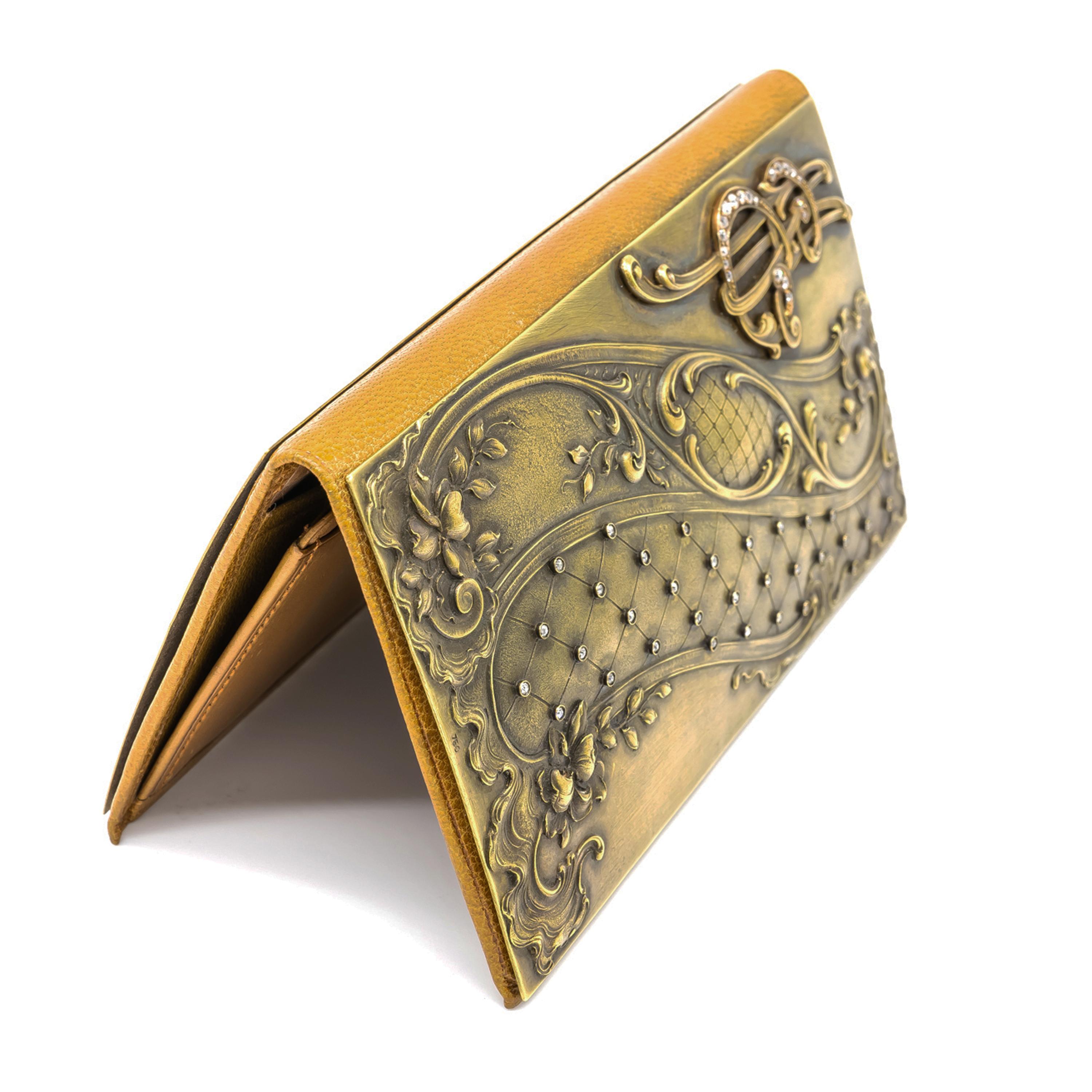 Jugendstil-Karten Portemonnaie aus Gold und Leder mit Diamanten, um 1900 (Alteuropäischer Brillantschliff) im Angebot