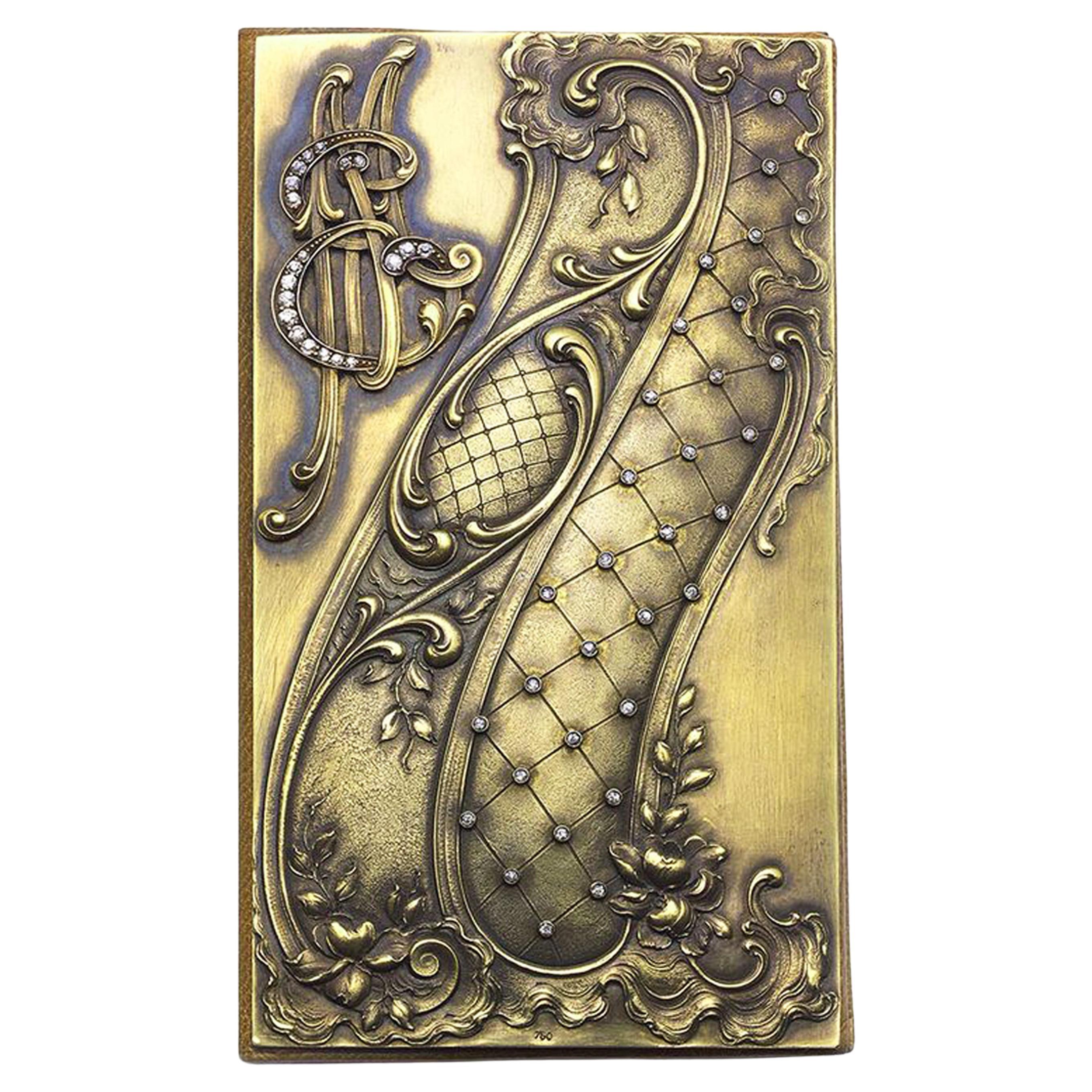 Portefeuille de carte Art Nouveau en or et cuir avec diamants, vers 1900 en vente