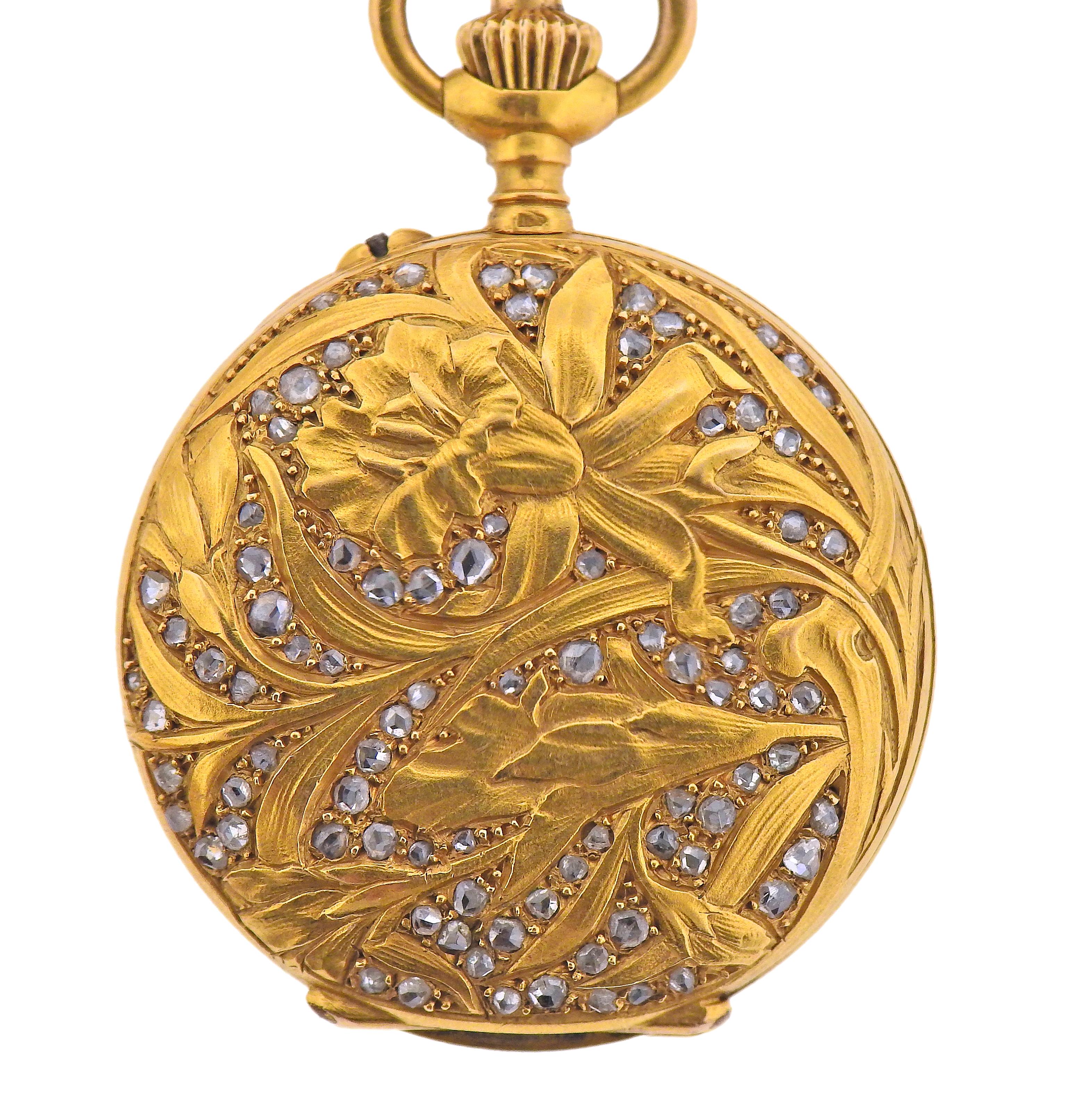 Antique Art Nouveau 18k gold pocket watch fob pendant, case of the watch is decorated with rose cut diamonds. Case is 30mm in diameter, Overall size of the piece - 3.25