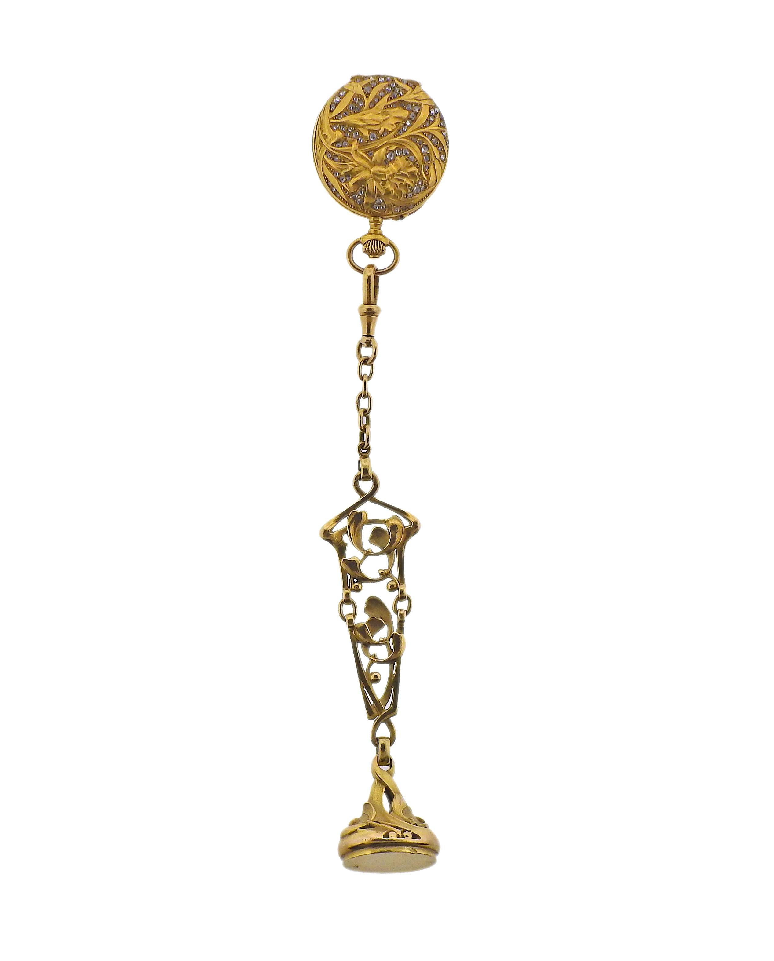 Rose Cut Art Nouveau Diamond Gold Fob Pocket Watch Pendant