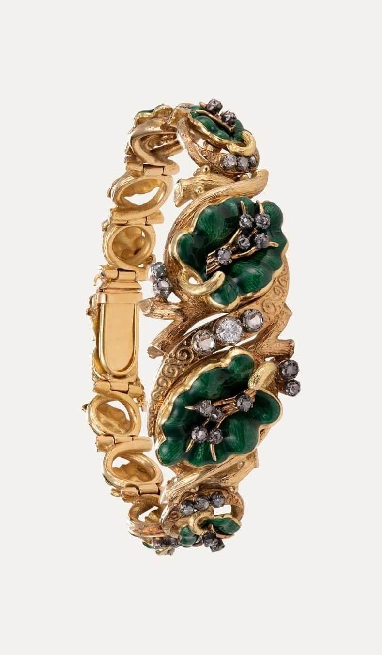 Bracciale d'oro con diamanti e smalto verde Art Nouveau in vendita 2